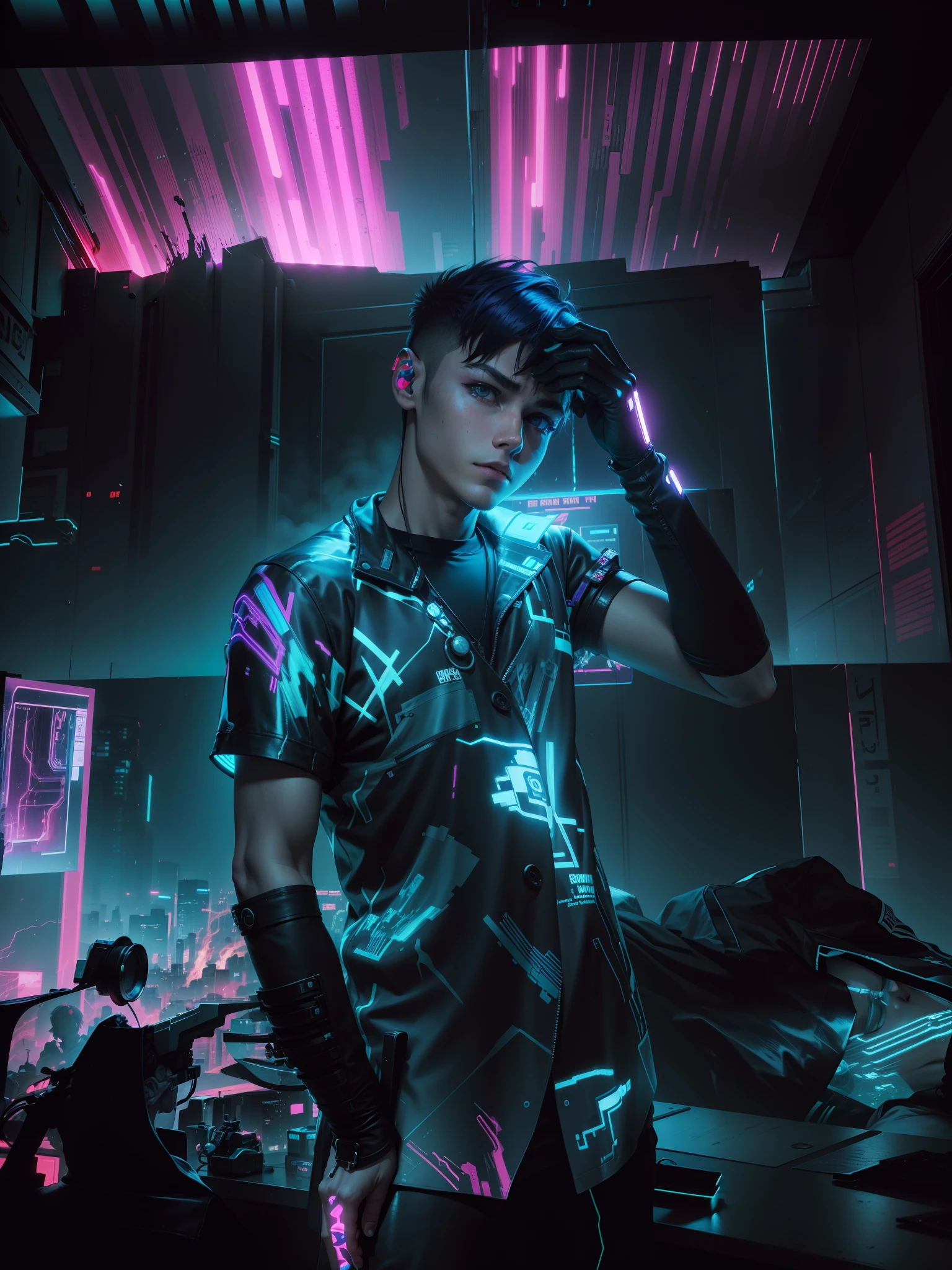 cyberpunk, real face, cinematic, neon hair, hdr, change background ultra real quality ,no face change as it is same face,17 year teenager young boy, cool face like original photo