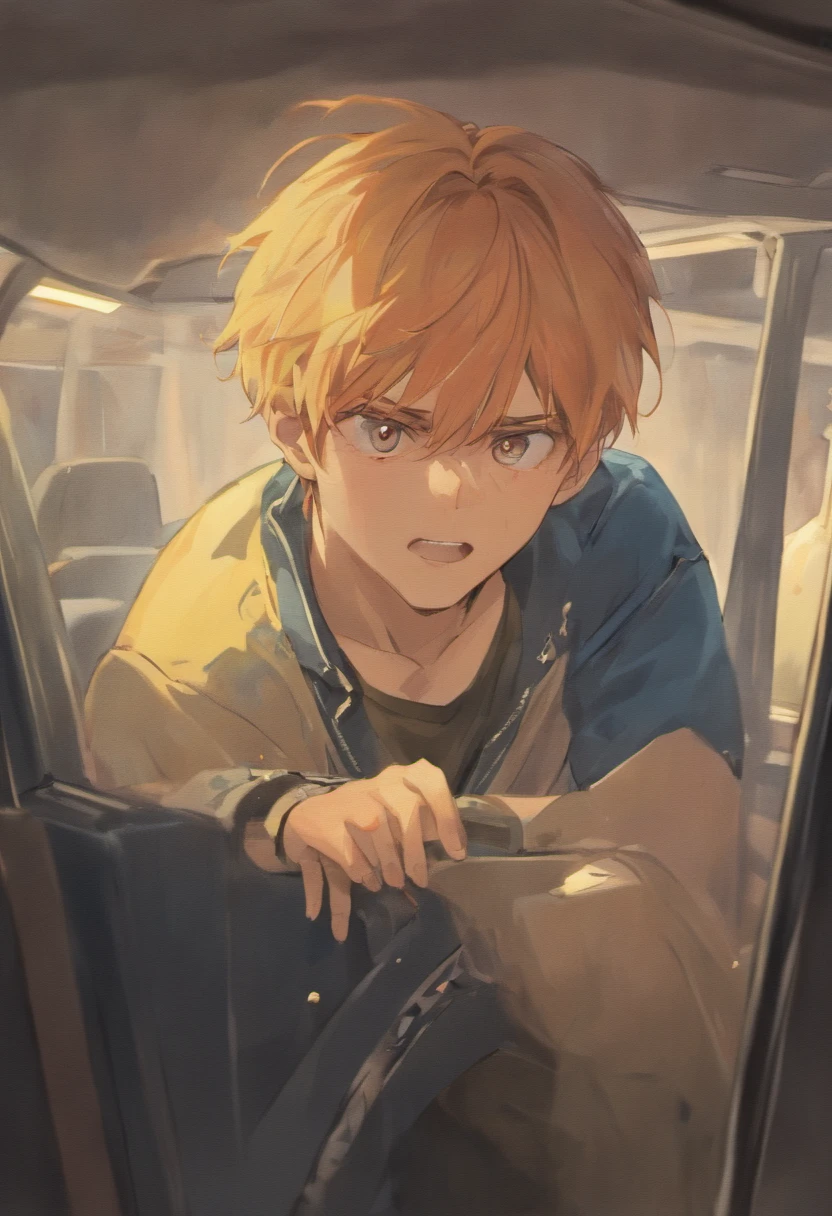 A man who climbed out of an overturned car，Handsome face，wounded，and there is blood on the corners of your mouth，Painful expression，One elbow on the ground，Wearing a broken white shirt，Sense of brokenness