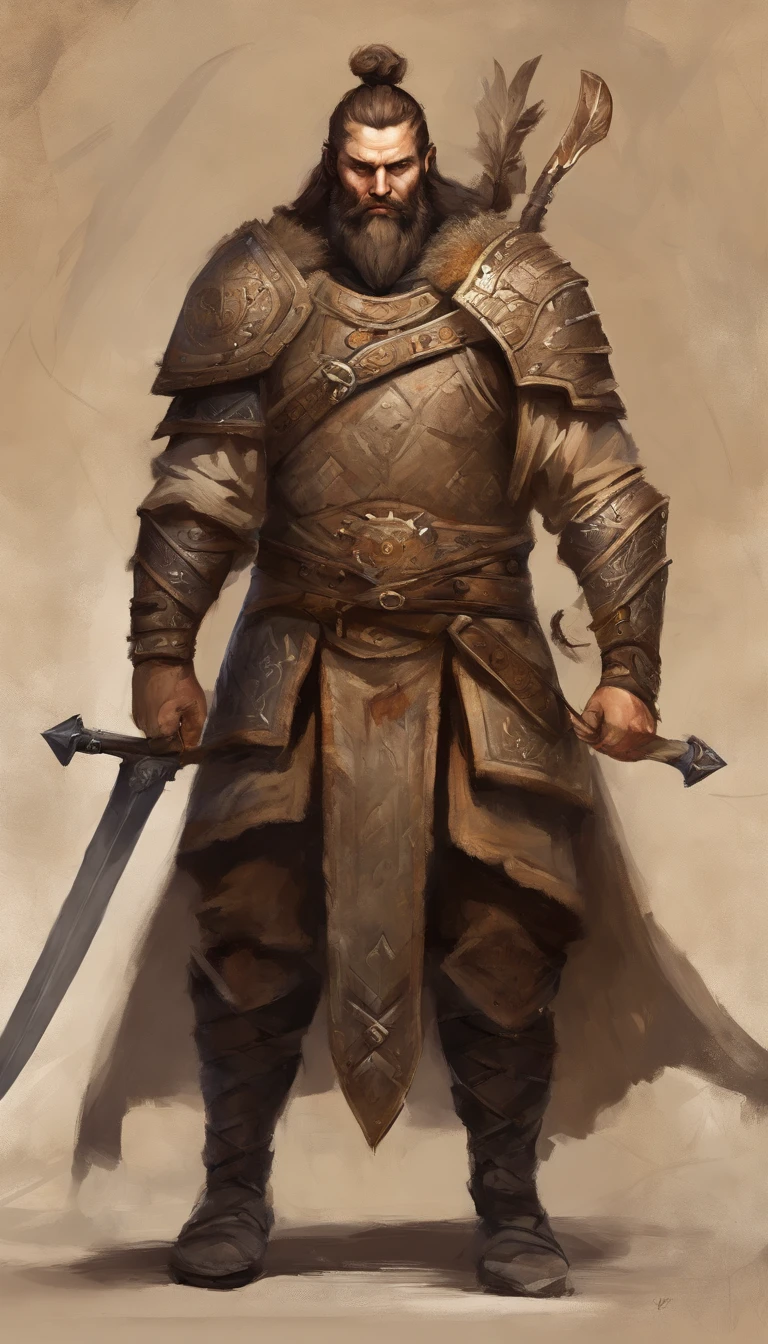 male in a brown outfit with a horned head and a sword, Personagem altamente detalhado, guerreiro viking, epic viking king, Old Norse epic hero, musculoso cabelo longo com tatuagem Filipino God of War, estilo modelshoot, (papel de parede CG 8k extremamente detalhado), Foto corporal da obra mais bonita do mundo, armadura medieval, retrato corporal, Ninrode, the first king of Babylon, hunterxhunter, barbarous, Macho, majestic professional oil painting by Ed Blinkey, Atey Ghailan, Frank Frazetta, Directed by: Jeremy Mann, Greg Manxadinho, Antonio Moro, Trend at Artstation, trend at CGSociety, intrincado, High detail, foco nítido, Dramatic and Photorealistic Painting Art by Midjourney and Greg Rutkowski