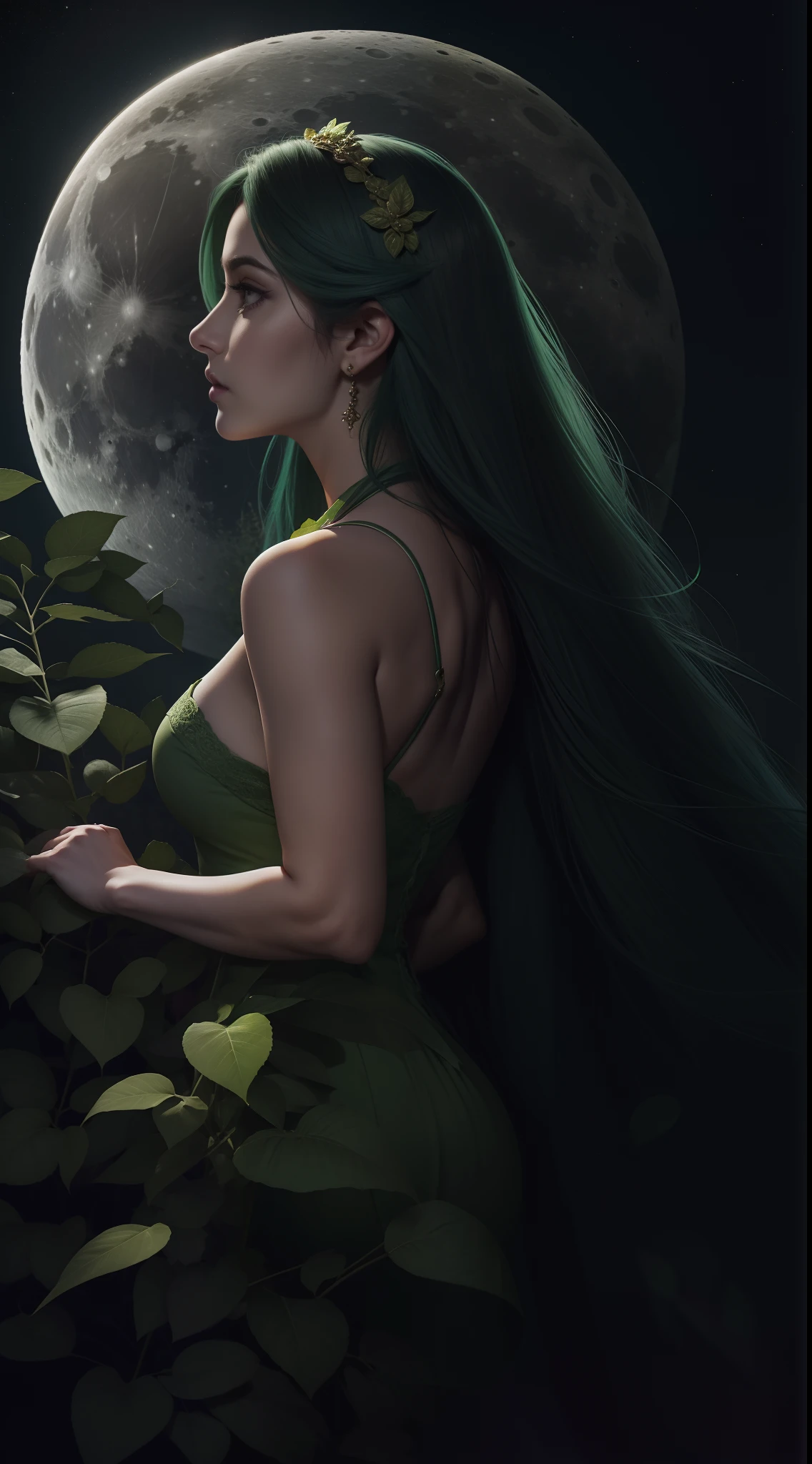 Garota de longos cabelos verdes, The girl is in Rose Garden at the Moon. A garota tem o rosto escidido por seus cabelos verdes