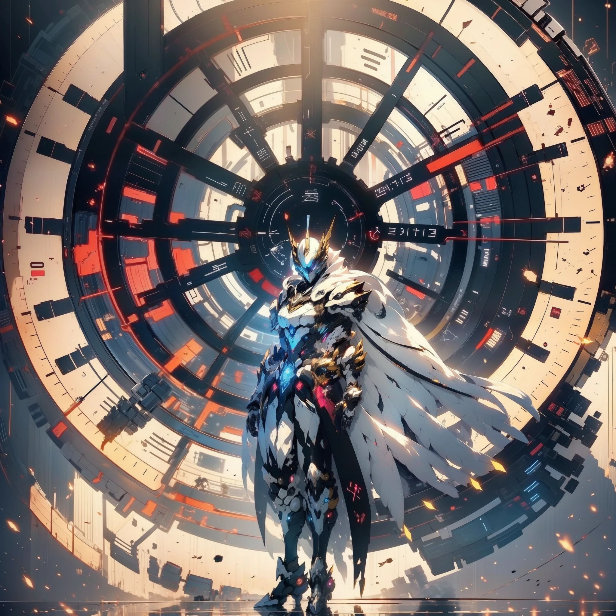 anime character with a clock in the background, best anime 4k konachan wallpaper, warframe art, detailed key anime art, exquisite warframe fanart, 8k hd wallpaperjpeg artifact, 8 k hd wallpaperjpeg artifact, anime epic artwork, high detailed official artwork, anime mecha aesthetic, covered in full silver armor, detailed warframe fanart, (((clock background))))