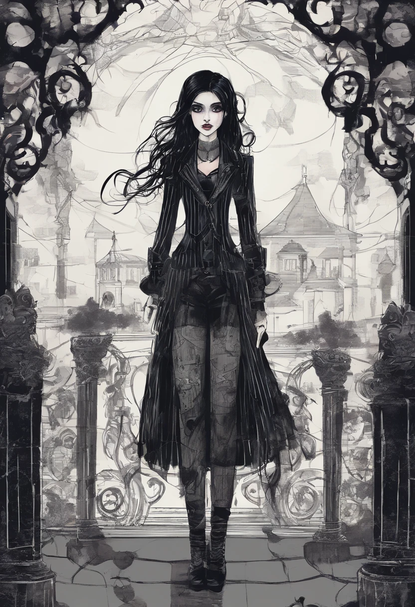 Girl Gothic Striped Clothing Black Hair Tim Burton Style Comics 2D Grafit