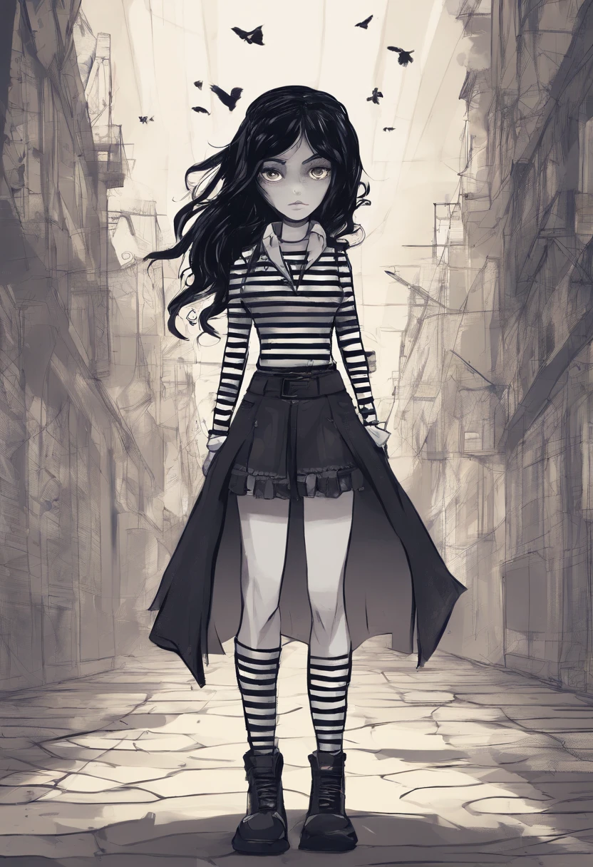 Girl Gothic Striped Clothing Black Hair Tim Burton Style Comics 2D Grafit
