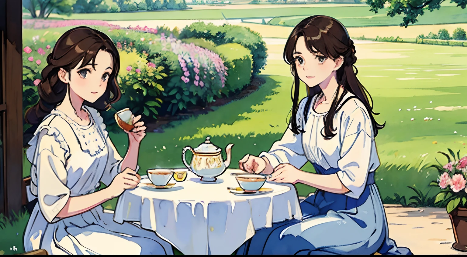 (highest quality、masterpiece、High resolution)、(Sargent style watercolor)、(anime art)、soft light、Views of the Cotswolds、old farmhouse、flowers bloom、(three women)、medium short hair、dark brown hair、braided hair、White blouse and long skirt、picnic、table、Tea set、drink tea、cinematic light、soft sunlight、blur the background、