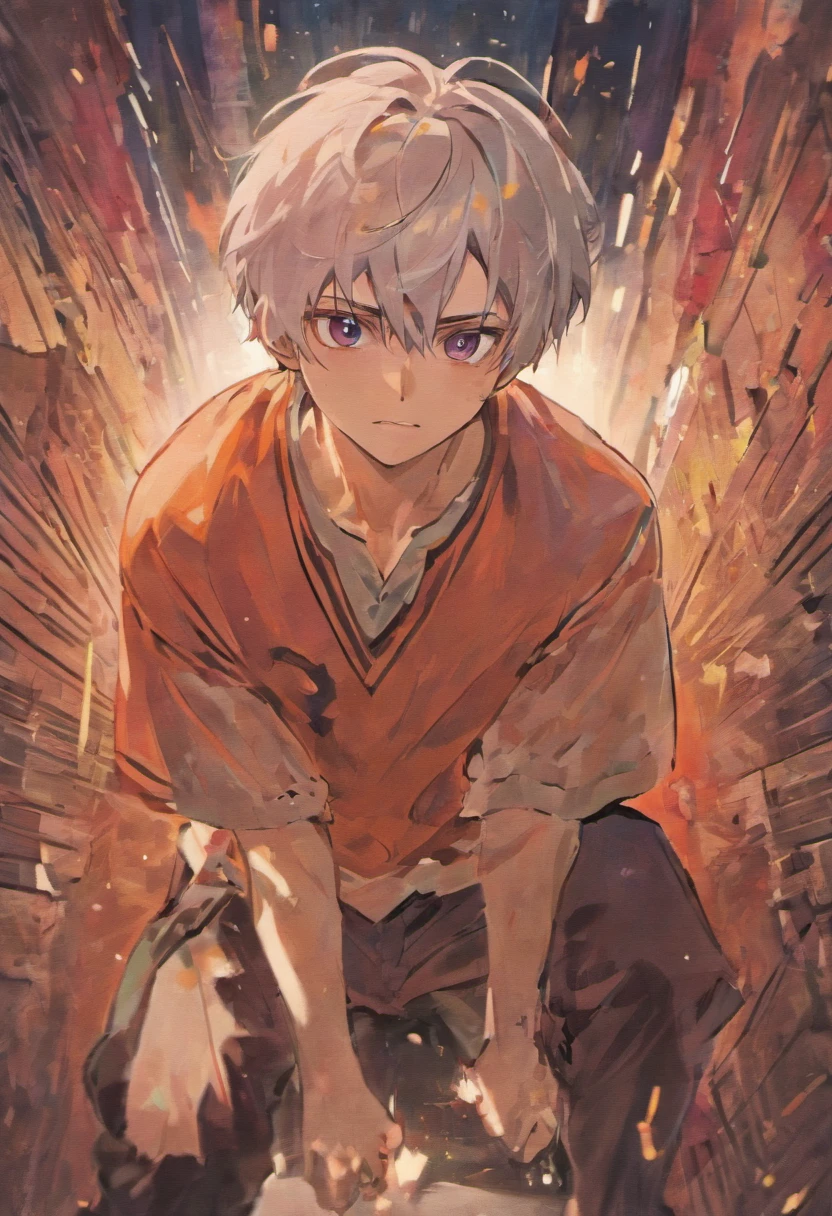 A man who climbed out of a rollover,Handsome face,wounded,and there is blood on the corners of your mouth,Painful expression,One elbow on the ground,Wearing a torn white shirt,Sense of brokenness