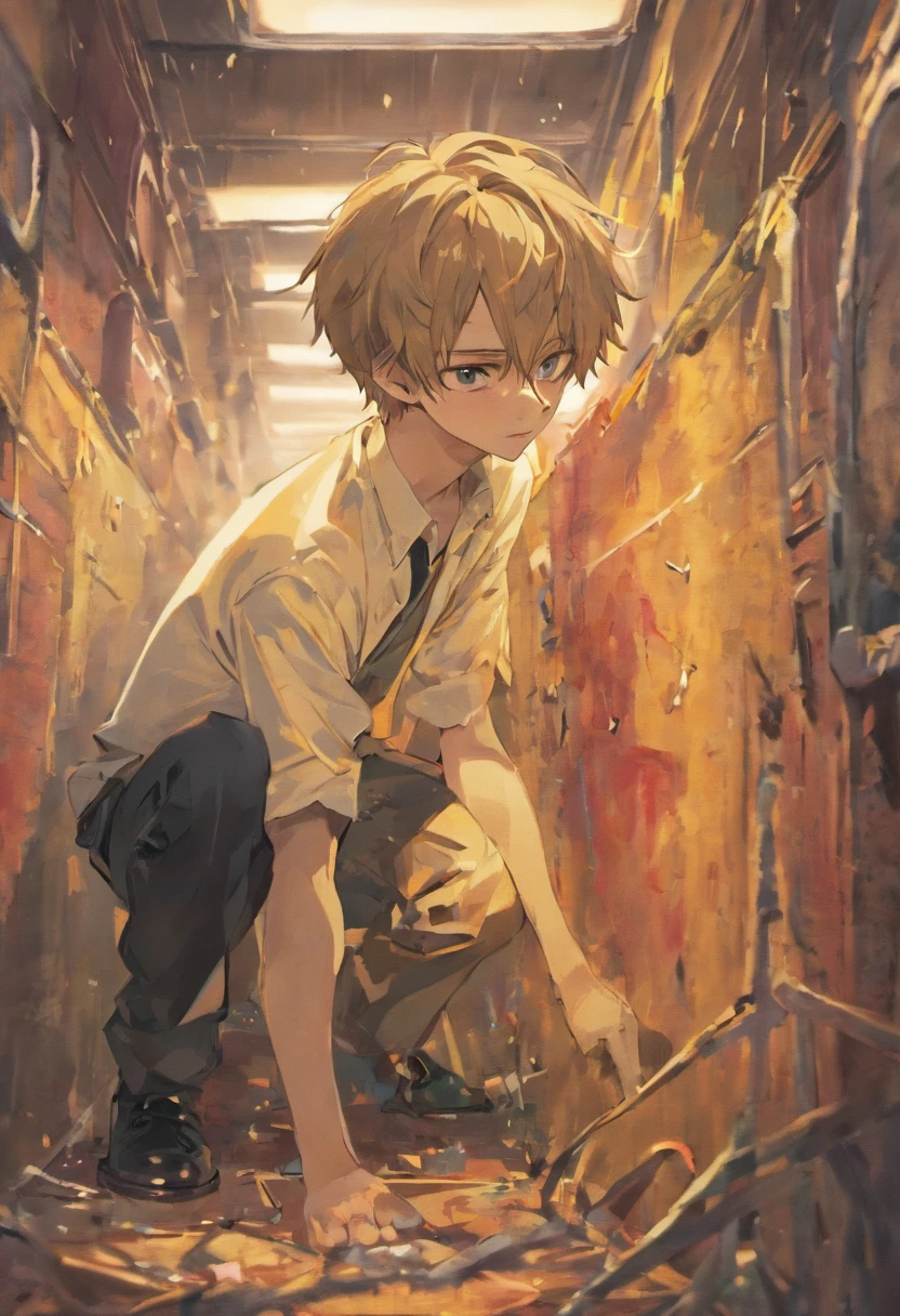 A man who climbed out of a rollover,Handsome face,wounded,and there is blood on the corners of your mouth,Painful expression,One elbow on the ground,Wearing a torn white shirt,Sense of brokenness
