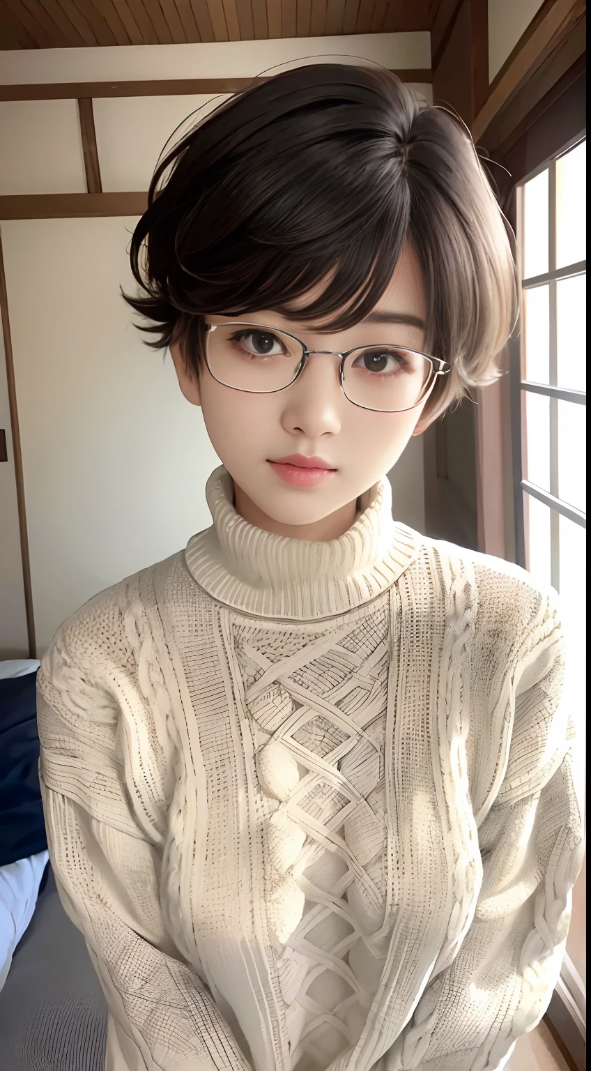 indoor, cozy room、japanese bedroom, futon, blanket、(disheveled extra fluffy wavy pixie cut:1.2)、8K、Raw photography。top-quality、hightquality、Extreme Detail Photography、Eye for extreme detail、Super Detail Face、Hair in super detail、Super detail body、(Photography Lighting:1.3)、1girl in、The face is about 18 years old.、Puffy eyes、Eyes in good shape。Brown-eyed、dark brown short hair、good lips、Small lips、(Medium chest:1.3)、good breasts、Natural makeup、Raw photo, Best Quality, masutepiece, ultra-detailliert, 超A high resolution, Realistic, (white cable knit turtleneck sweaters:1.2)、(detailed fabrics:1.3), cleft chin, (slanted eyes), (windsor glassses:1.2), korean/japanese, ultra-realism, RAW Photo
