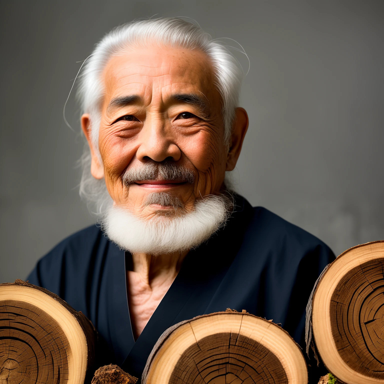 The long, black-bearded Arad man sits on a pile of logs, portrait shooting, very long black beard and hair, An old man, Taoist master, chinese artist, portrait of monk, Wise old man, Lu Ji, relaxed dwarf with white hair, matte painting portrait shot, long grey beard