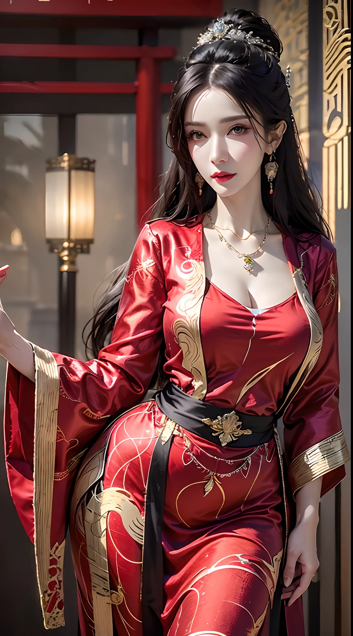 photorealistic, high resolution, 1women, mature female, solo, hips up, long hair, hair ornament,earrings,red dress,chinese clothes,necklace,wide sleeves,sash,forehead jewel