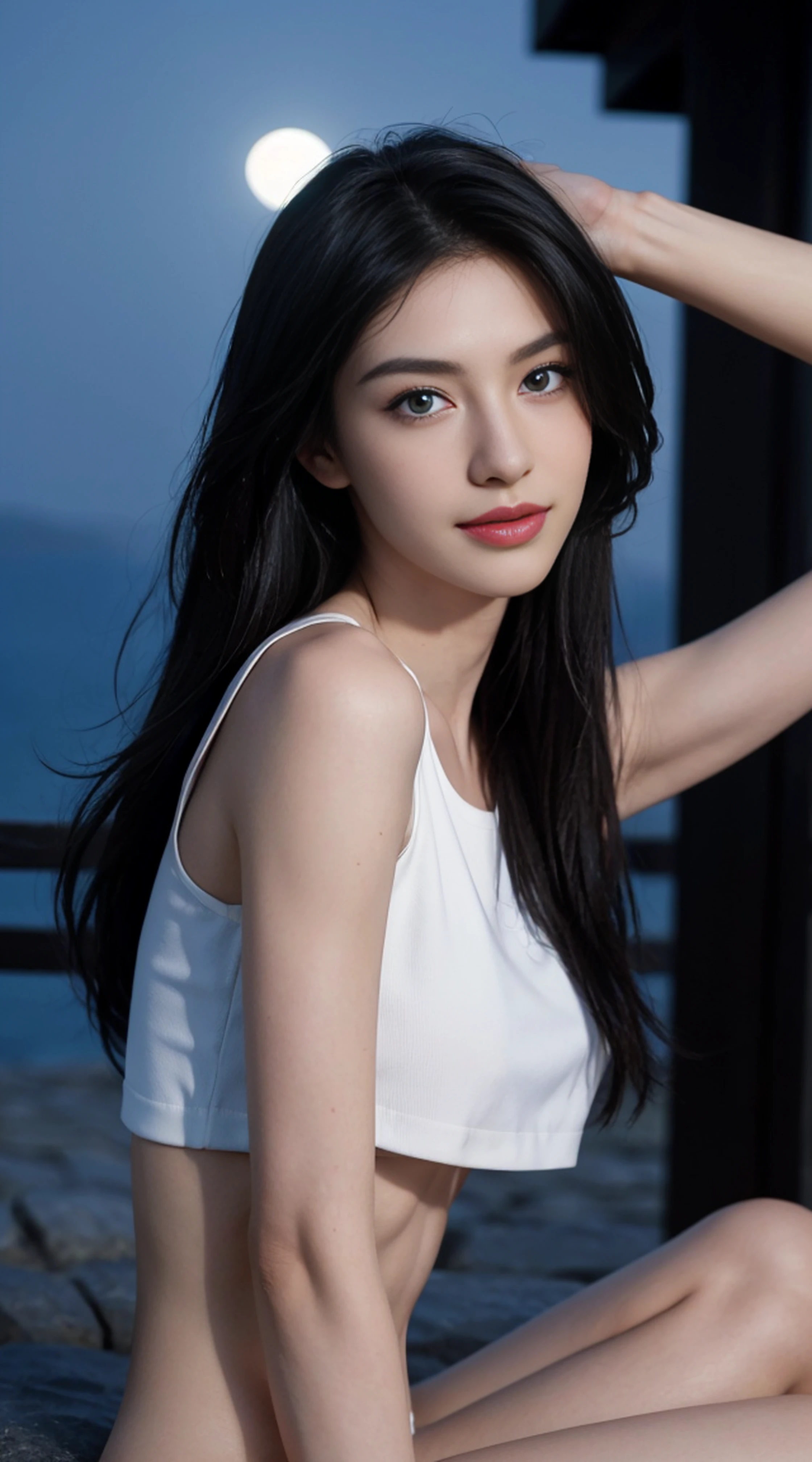 8K, Top Quality, Intricate Details, Ultra Detail, Ultra High Resolution, Masterpiece, random angle,  Slender, Smile, (Makeup: 0.4), (Fluffy Blue Eyes: 1.21), blue Eyes,, ((full body)), 1girl, solo, 1 girl, (( full body)),  Extreme close-up shot, lying down flat , , ((tall)), (((fit body))), (((slim face))), sharp face, sharp eyes, (((black hair, long hair, ))  (detailed face), sharp face, small lips, thin lips, 
 (( crop top )),  detailed face, detailed breast, , large breast, detail, , Beautiful girl with accentuated slender abs: 1.4, Six Pack Abs: 1.4, Bust Botox, Big, Perfect Body, detail leg, (( moonlight)), top of mountain