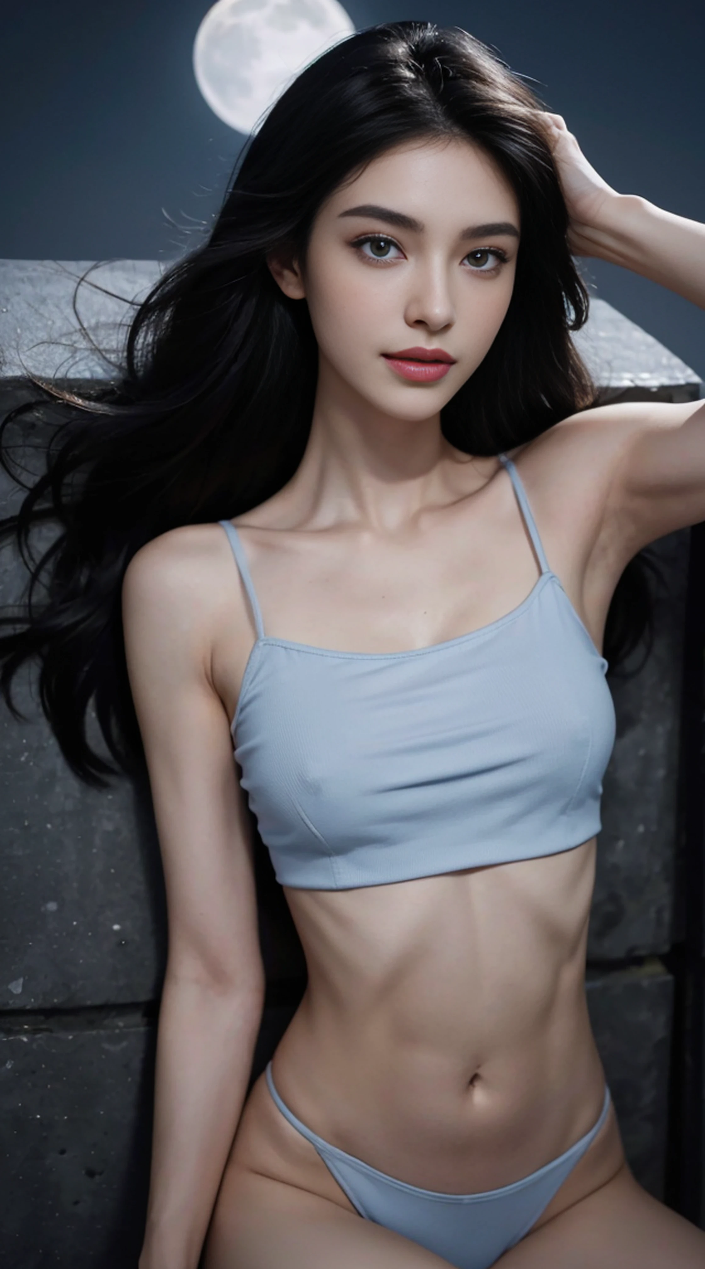 8K, Top Quality, Intricate Details, Ultra Detail, Ultra High Resolution, Masterpiece, random angle, Slender, Smile, (Makeup: 0.4), (Fluffy Blue Eyes: 1.21), blue Eyes,, ((full body)), 1girl, solo, 1 girl, (( full body)), Extreme close-up shot, lying down flat , , ((tall)), (((fit body))), (((slim face))), sharp face, sharp eyes, (((black hair, long hair, )) (detailed face), sharp face, small lips, thin lips,
(( crop top )), detailed face, detailed breast, , large breast, detail, , Beautiful girl with accentuated slender abs: 1.4, Six Pack Abs: 1.4, Bust Botox, Big, Perfect Body, detail leg, (( moonlight)), top of mountain