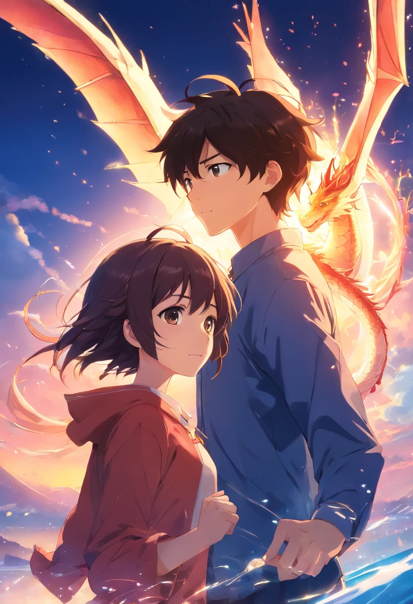 obra-prima, melhor qualidade, filme ainda, 1girl and 1boy, love, Dragon girl and garoro, floating into the sky, close-up, brilhante, feliz, Soft lighting and Warm, sun sunset, (Sparks: 0,7) acima das nuvens, ((beijo))