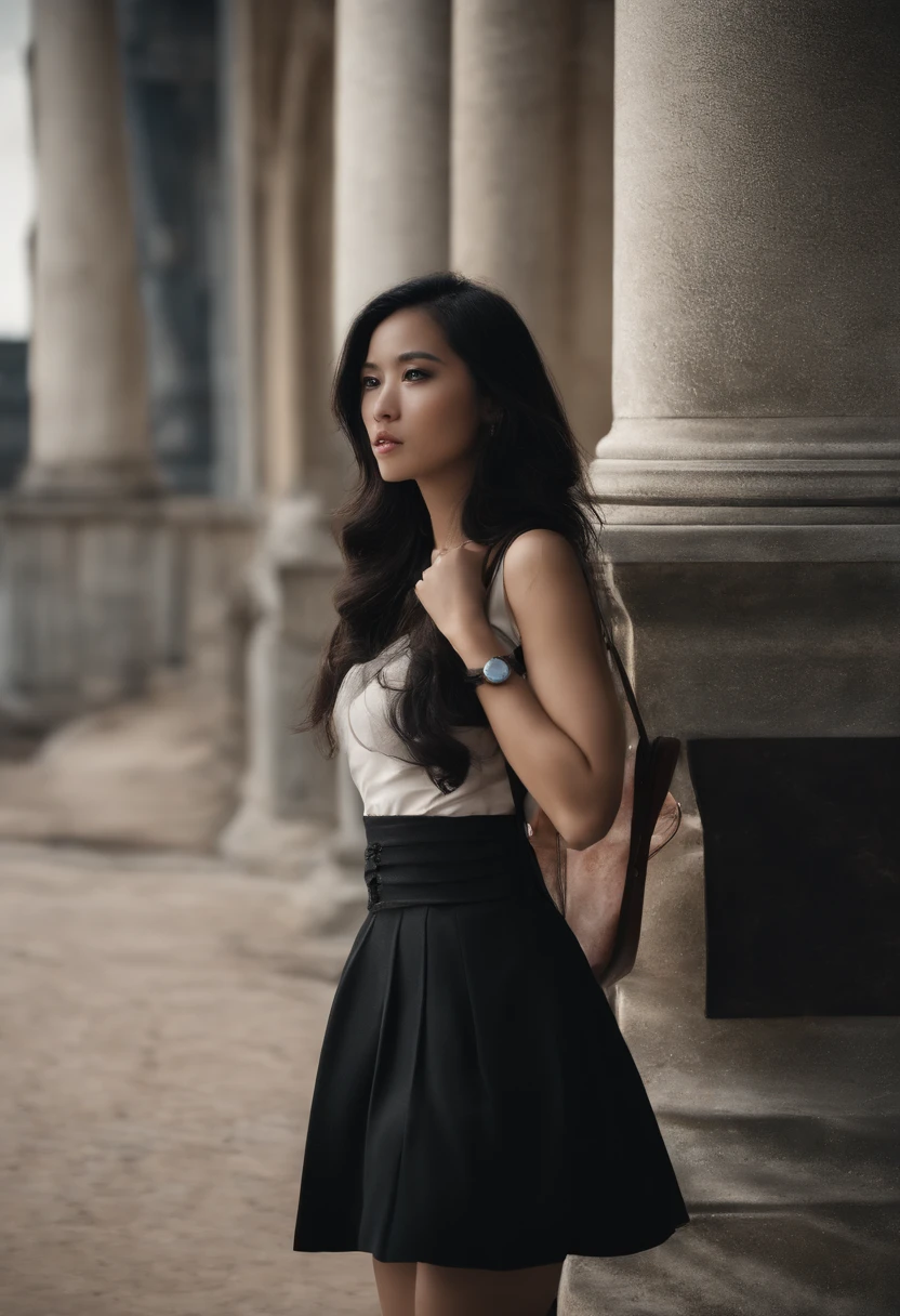 At school, a girl, frontal, long black hair, black short skirt, bag, angry, abusive, super detailed, 4k Asia sexy