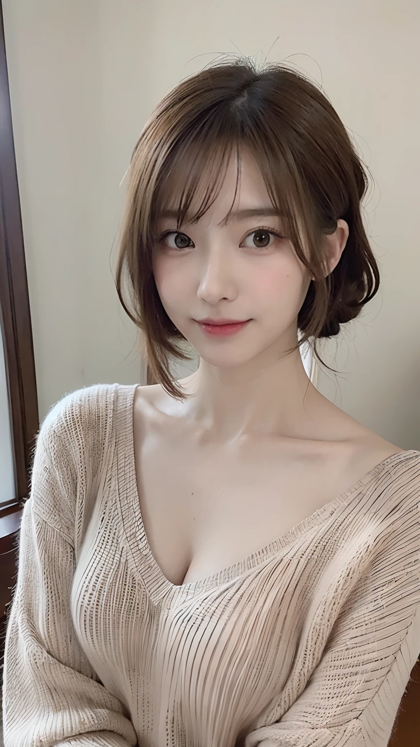 (tmasterpiece:1.3), (8K, Photorealsitic, RAW photography, Top image quality: 1.4), Japan high school girls、(random hair style:1.2)、nedium breasts:1.2、Super detail face、Eye of detail、二重まぶた、Bring your chest together、foco nítido:1.2、Beautiful woman:1.4、Light brown hair、top-quality、tmasterpiece、超A high resolution、(Photorealsitic:1.4)、Highly detailed and professionally illuminated smile、Loose and lightweight knitwear、shoulders out、Slender、serious face expression、short detailed hair、Fatal position