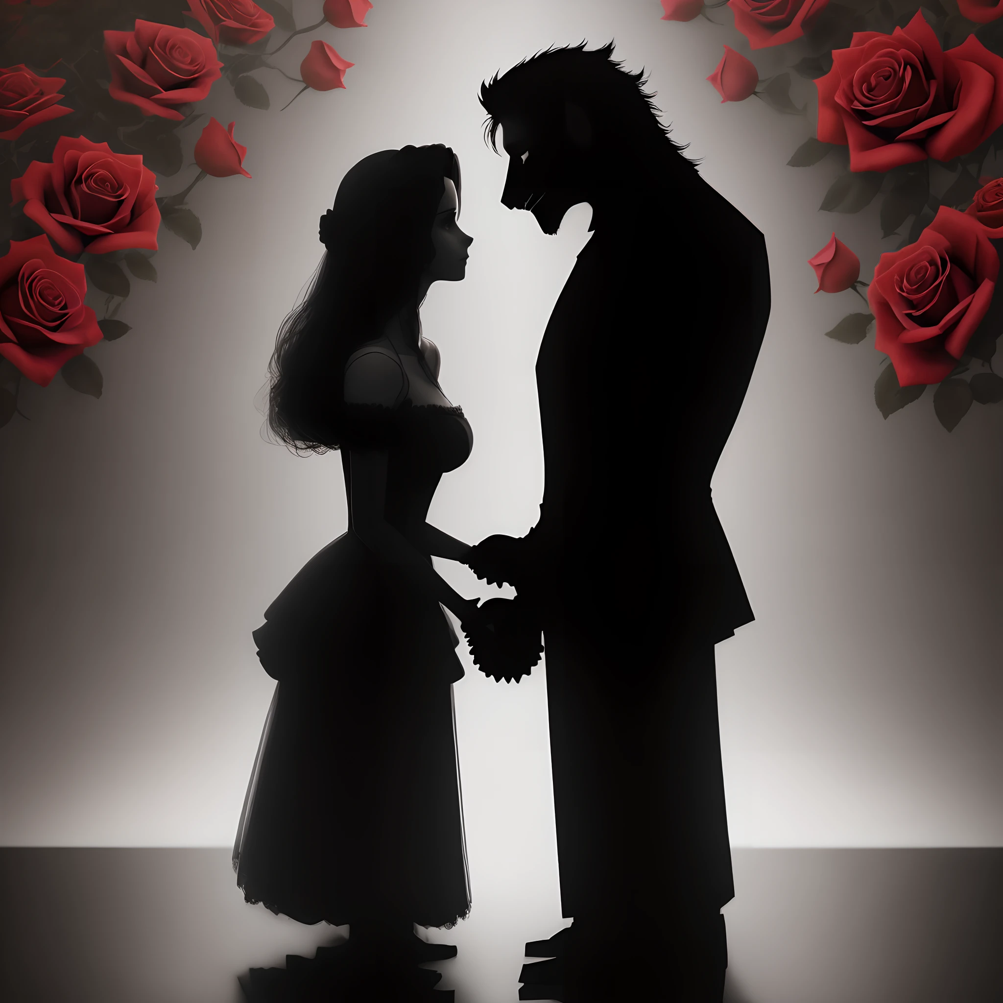 High resolution beautiful roses background Belle and beast standing holding hands frontal romantic atmosphere clear and realistic and shadowy