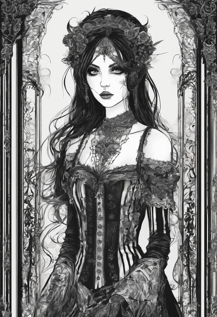 Girl Gothic Striped Clothing Hair Black Tim Burton Style Comics 2D Grafit