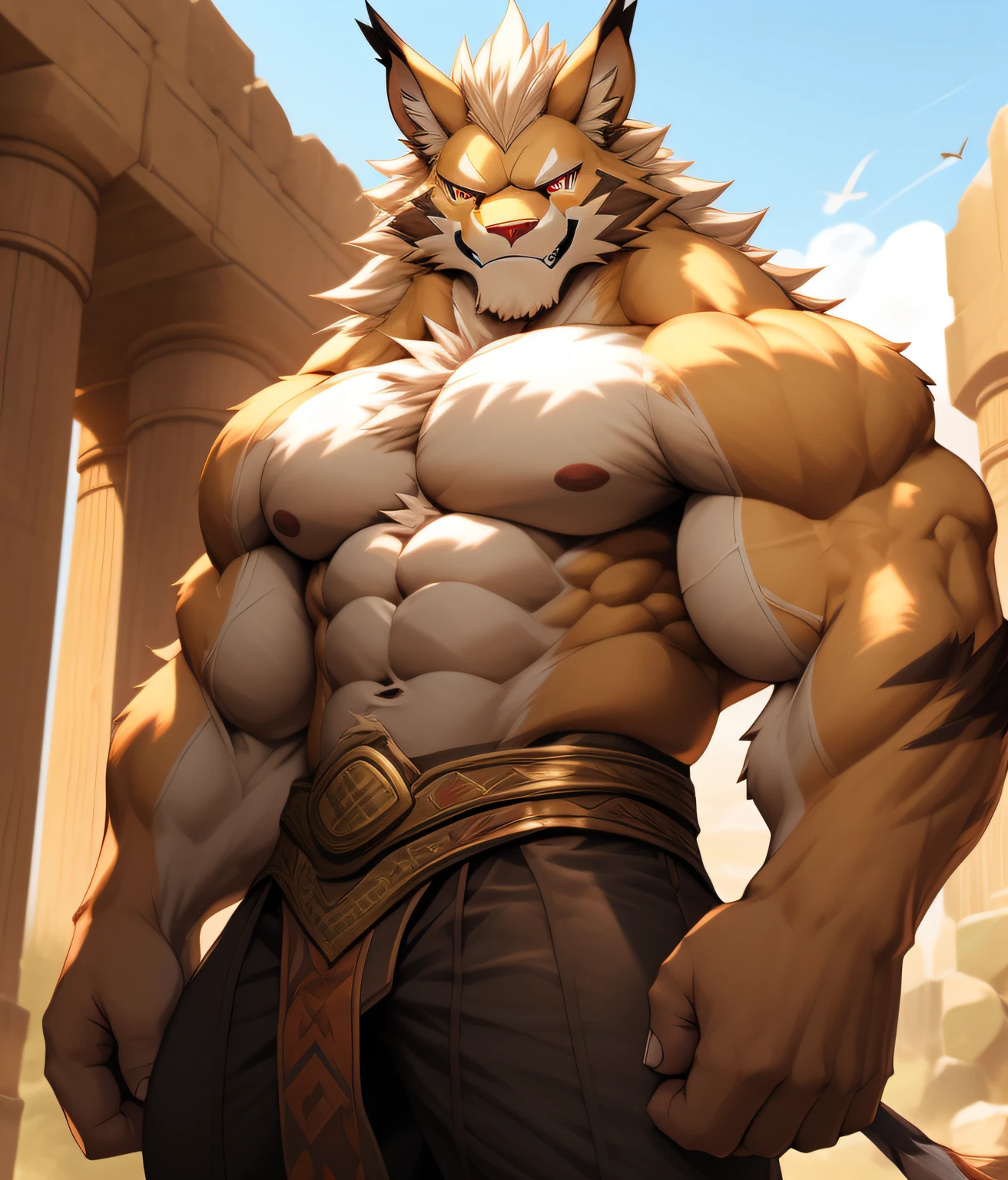 nj5furry, (Leomon, massive, huge, young face), Leomon, ((extremely realistic shadows, masterpiece, extremely detailed, photorealistic)), kemono, young, (((LIGHT BROWN FUR))) Leomon, ((detailed face)) red nose, red eyes, ((detailed eyes)), tan skin, tan fur, tan hair, height 3 meters high, the optimal height, tight clothing, body full of muscles; muscle pecs, ripped abs, V-shaped body, thick waist, long legs, strong arms manly, handsome face, attractive cool calm face type with a cold smile, topless. Ruins of a Jedi temple  behind him; wears a ery tight dark brown Jedi style pants revealing huge muscular thighs and a light brown cloth belt. double biceps pose, biceps, looking at viewer.