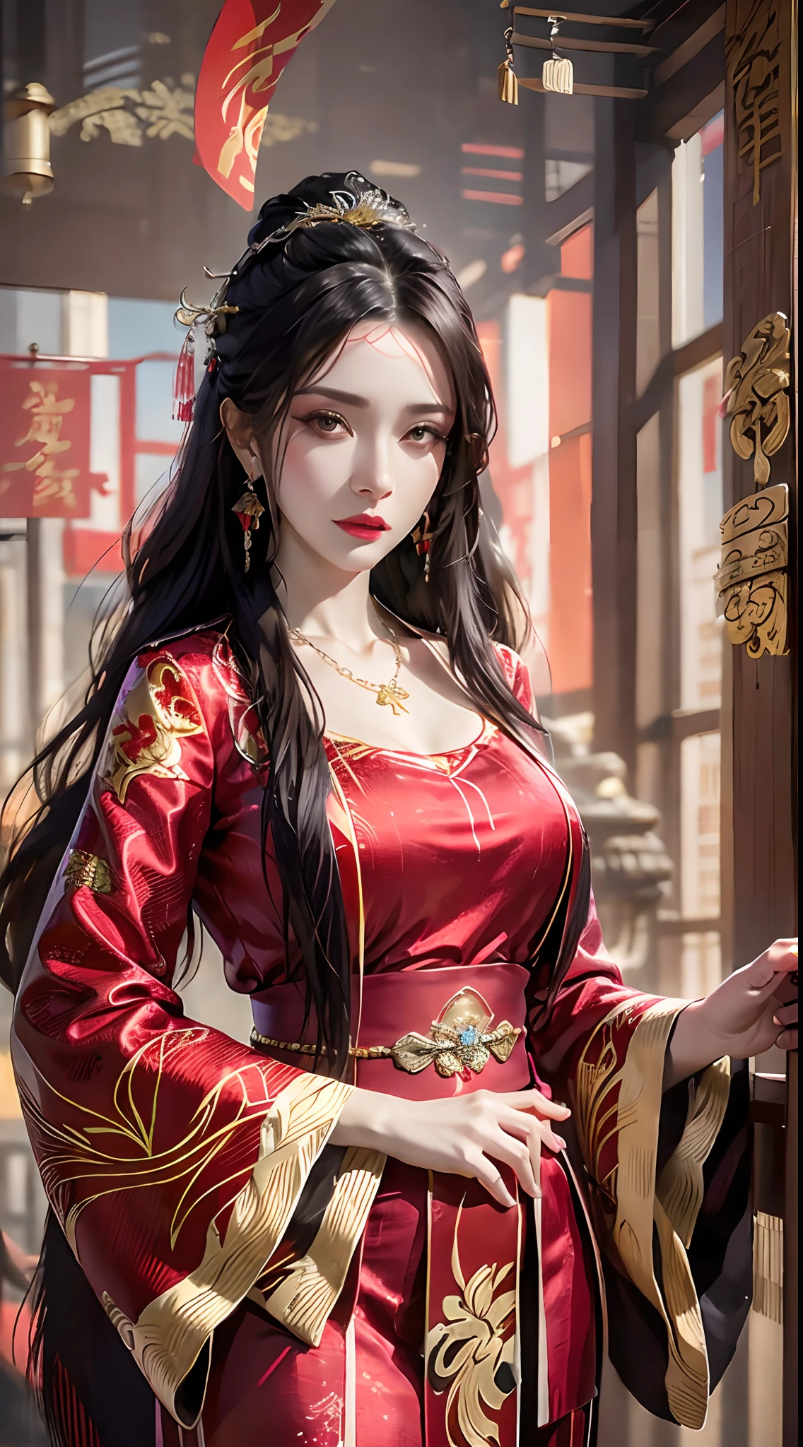 photorealistic, high resolution, 1women, mature female, solo, hips up, long hair, hair ornament,earrings,red dress,chinese clothes,necklace,wide sleeves,sash,forehead jewel