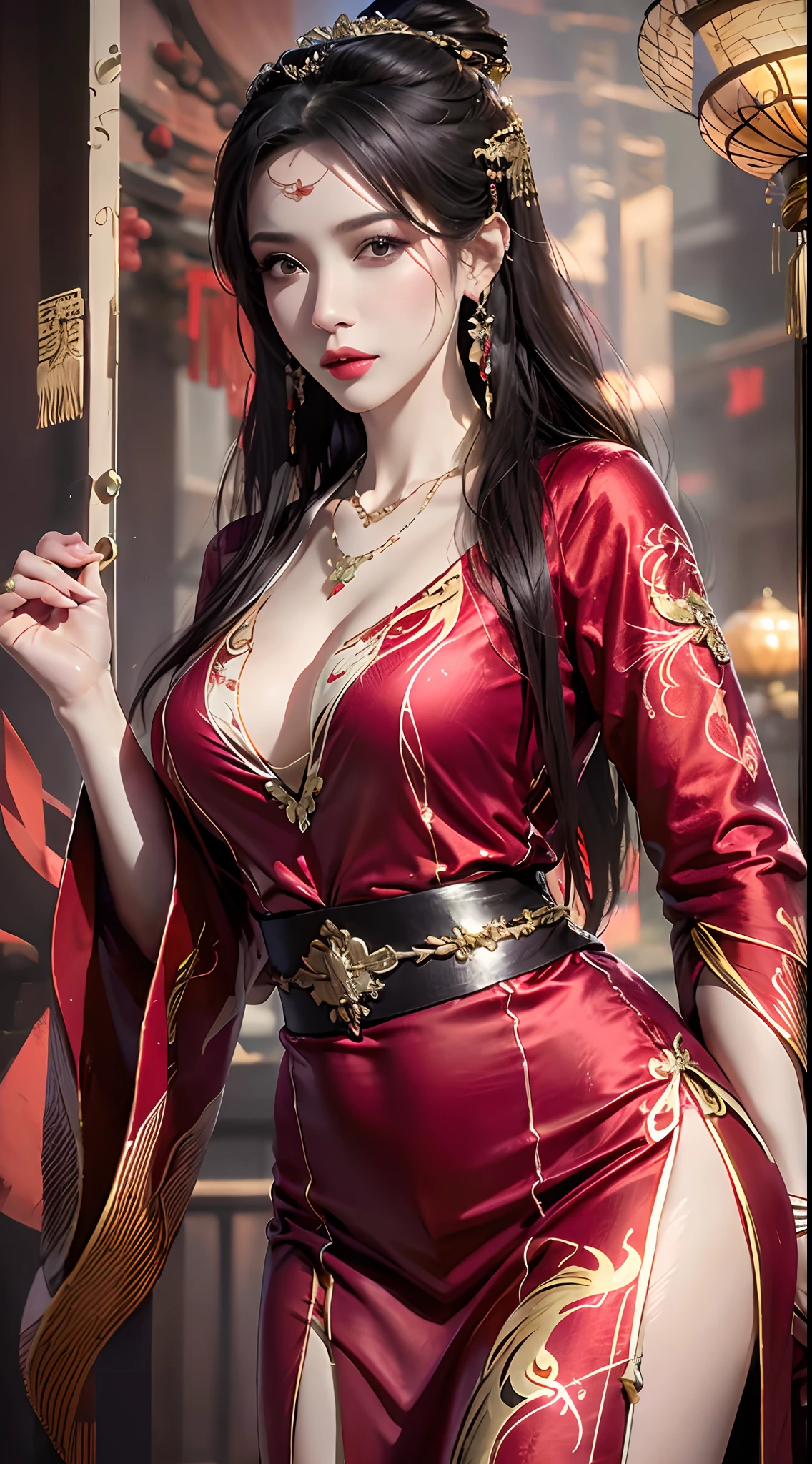 photorealistic, high resolution, 1women, mature female, solo, hips up, long hair, hair ornament,earrings,red dress,chinese clothes,necklace,wide sleeves,sash,forehead jewel