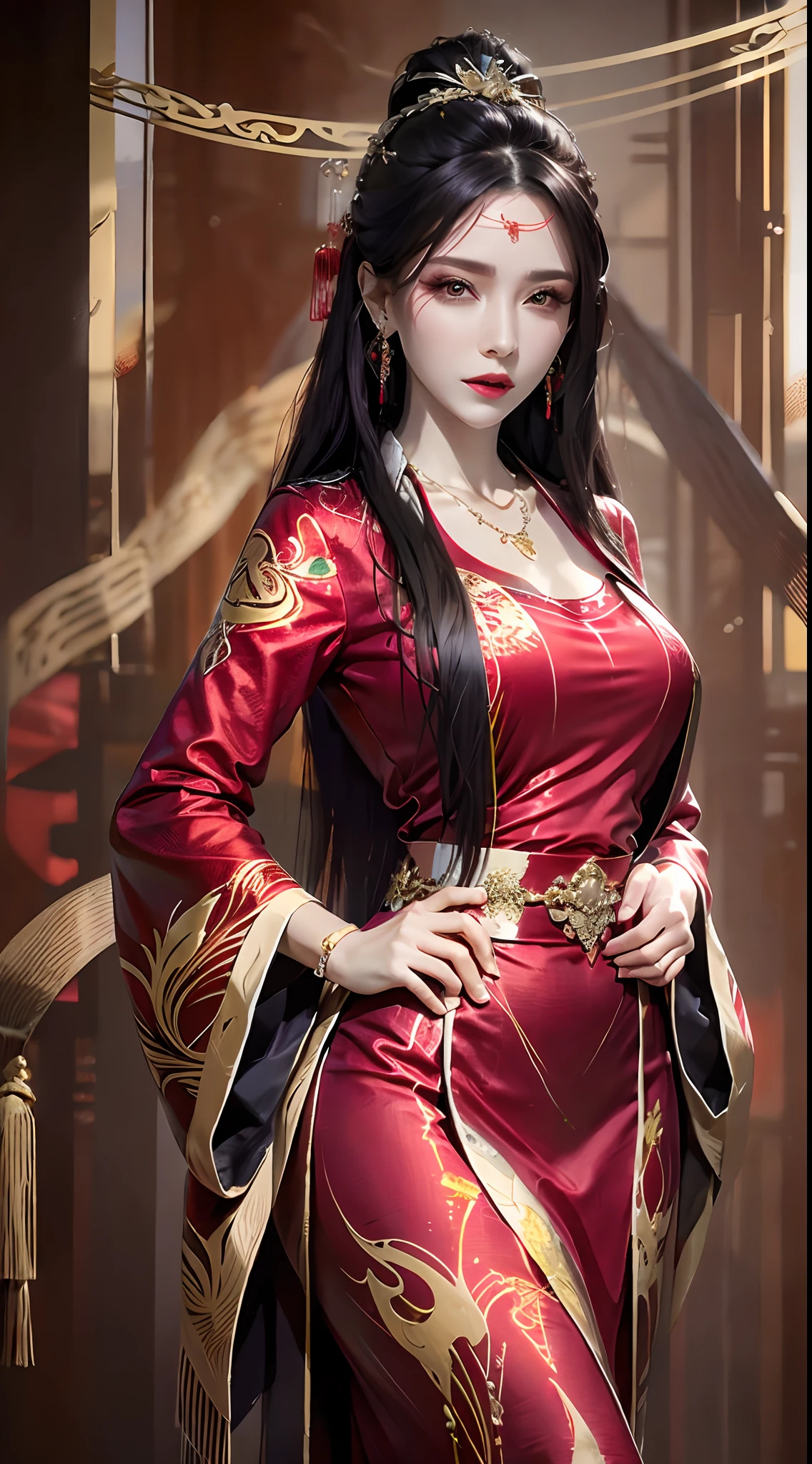 photorealistic, high resolution, 1women, mature female, solo, hips up, long hair, hair ornament,earrings,red dress,chinese clothes,necklace,wide sleeves,sash,forehead jewel