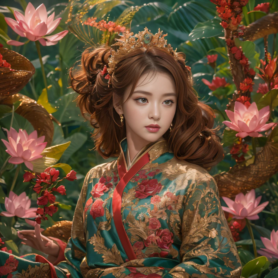32K(tmasterpiece,k hd,hyper HD,32K)curlies,Flowing rouge,ponds,zydink, a color, Liaoning people (Charming girl), (Indigo scarf), Combat posture, looking at the ground, Flowing rouge curls,Green emerald tiara, Chinese long-sleeved rose gold garment, (Abstract gouache splash:1.2), Pink lotus background,Water lily flower protector(realisticlying:1.4),Rouge hair,Autumn is in full swing,The background is pure, A high resolution, the detail, RAW photogr, Sharp Re, Nikon D850 Film Stock Photo by Jefferies Lee 4 Kodak Portra 400 Camera F1.6 shots, Rich colors, ultra-realistic vivid textures, Dramatic lighting, Unreal Engine Art Station Trend, cinestir 800,Large curls,Flowing rouge
