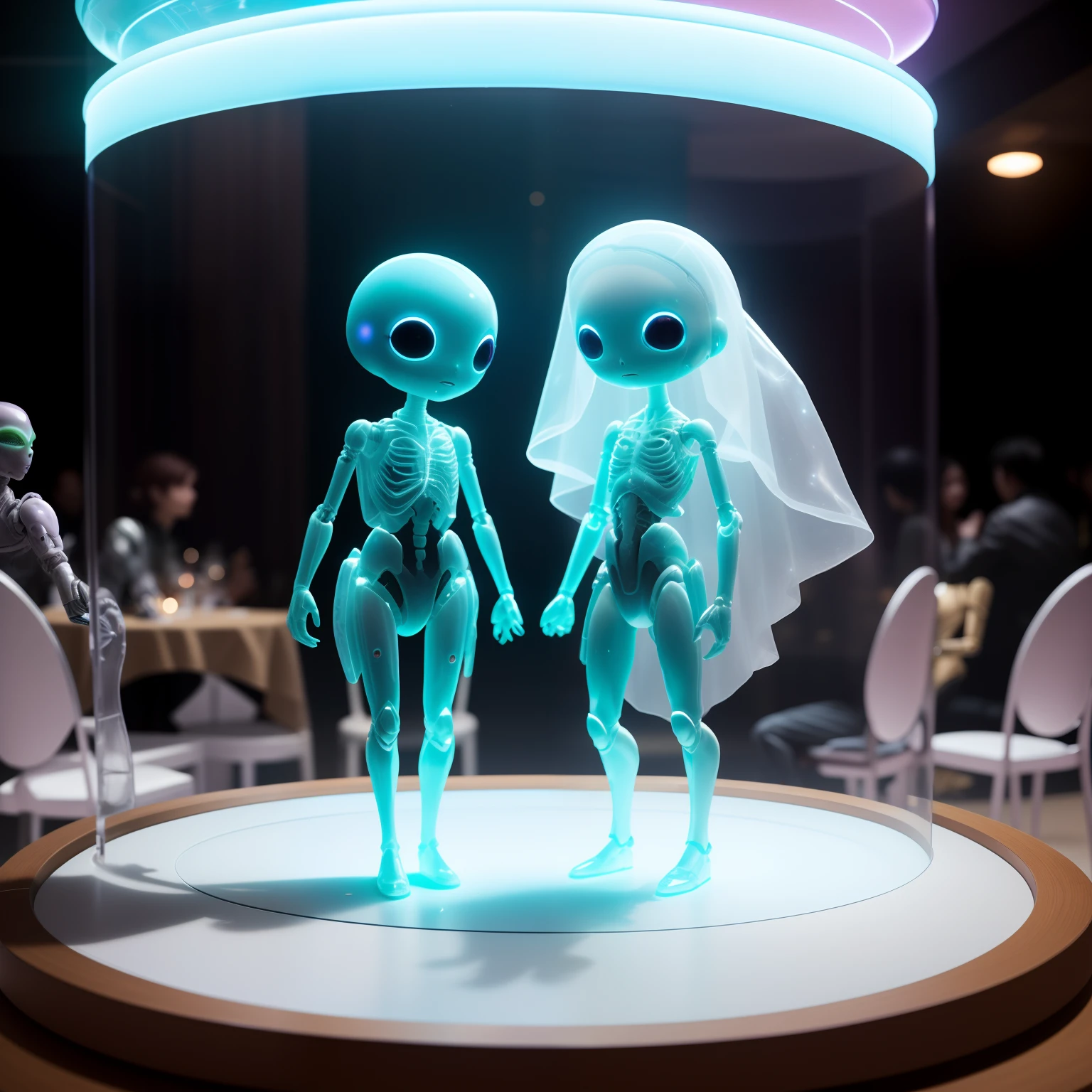 On the table in the room stood two alien translucent,People holding hands Alien man with alien woman, aliens in the last supper, Futuristic ballroom. Big eyes, love death and robots, aliens in the background, focus on two androids, two aliens around, depicted as a scifi scene, movie still of the alien girl。