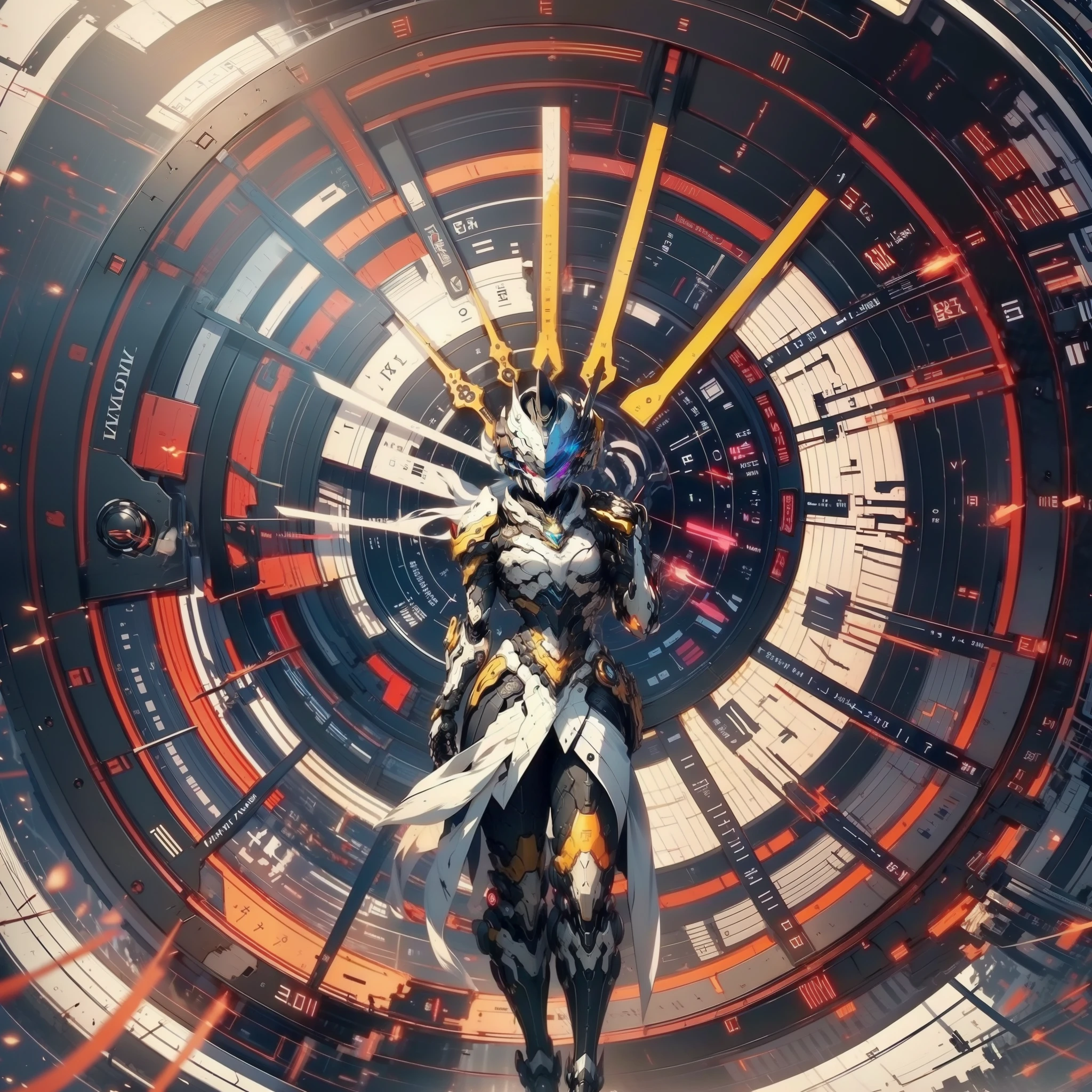 anime character with a clock in the background, best anime 4k konachan wallpaper, warframe art, detailed key anime art, exquisite warframe fanart, 8k hd wallpaperjpeg artifact, 8 k hd wallpaperjpeg artifact, anime epic artwork, high detailed official artwork, anime mecha aesthetic, covered in full silver armor, detailed warframe fanart, (((clock background))))