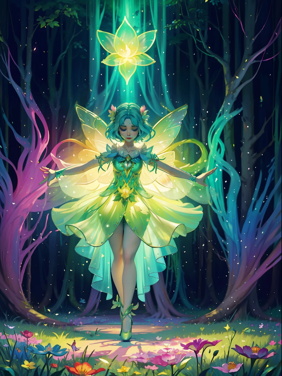 "Enchanting flower fairy dancing in a mystical forest, vibrant colors and delicate details, creating an ethereal atmosphere. Combine elements of fantasy and nature, with graceful movements and glowing wings. Surround the fairy with blooming flowers, shimmering sunlight, and a hint of magic. Let the scene exude a sense of wonder and enchantment."