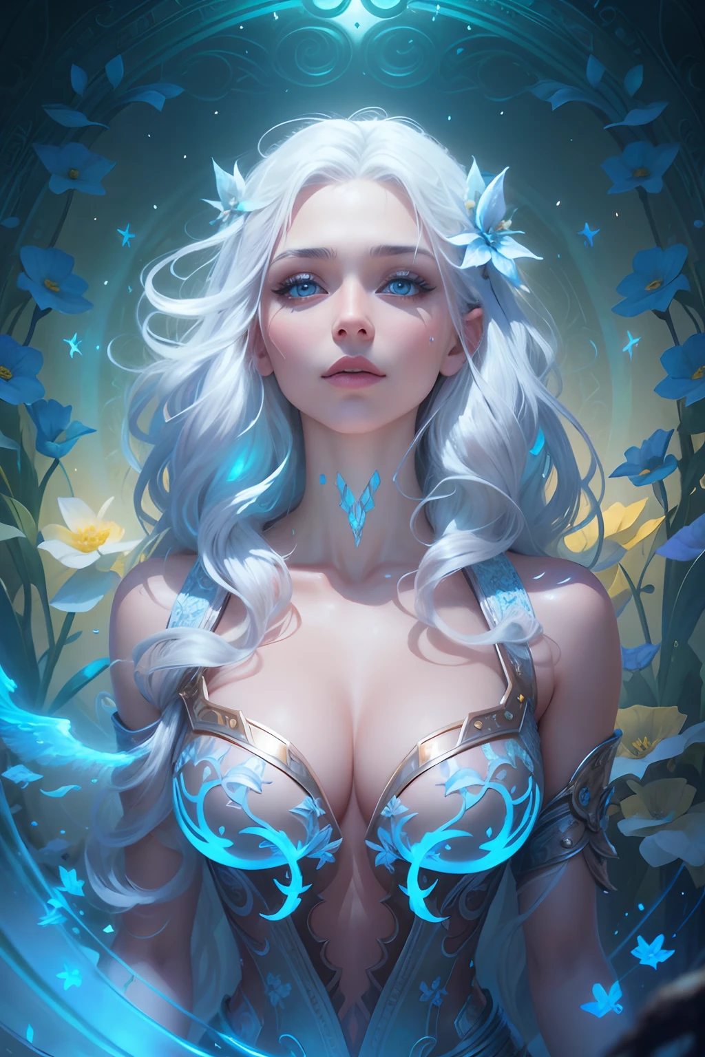Bright yellow Archangel flowers, there is a woman with white hair and a sword in a field, closeup fantasy with water magic, ethereal beauty, with frozen flowers around her, fantasy portrait, ethereal fantasy, beautiful fantasy portrait, goddess of the ocean, flower storm portrait, a stunning portrait of a goddess, fantasy genre portrait, water fairy, ethereal fairytale, beautiful maiden, beautiful fantasy art portrait Alien creature in humanoid shape, with opalescent skin and iridiscent scales, masterpiece, absolutely perfect, stunning image, visually rich, intricately detailed, concept art, by Mschiffer, glowy, cinematic, UHD wallpaper, 3d, octane render, volumetric lights nightingale, needle point, silk tapestry, embroidery, fabric, whimsical, needle point flower background, beautiful lighting, intricate details, Unreal Engine, creative, expressive, detailed, colorful, digital art, HW*
