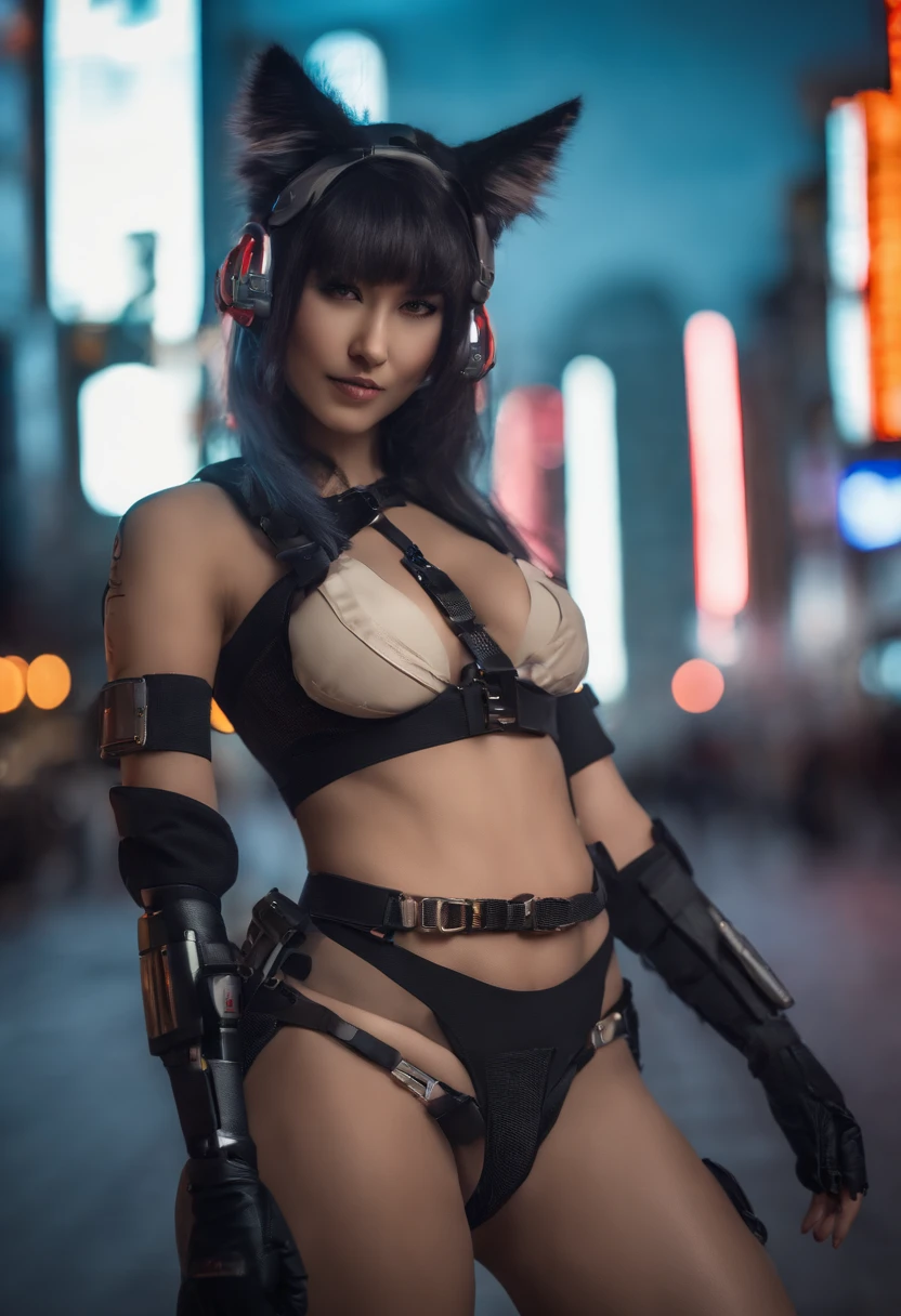 RAW-Foto, best quality, Meisterwerk:1.2), (realistisch, fotorealistisch:1.4),(Meisterwerk:1.4),(best quality:1.4), ((sexy niedliche japanische cyberpunk catgirl)), ((slender body)), big breasts, :d, (Pony), flush, ((Colorful body harness)), ((Dynamische Pose)), (Cowboy erschossen), (((Cyberpunk City Streets Background))), Aufnahme von Haaren, ((Formloses langes Haar)), leuchtende Neon-Akzente, Blick auf den Betrachter, sidelocks, smil, (((thigh gap))), Schenkel, twintails, sehr langes Haar, mehrfarbiges Haar, Alice \(nicken\),(shinny skin),realistisch.