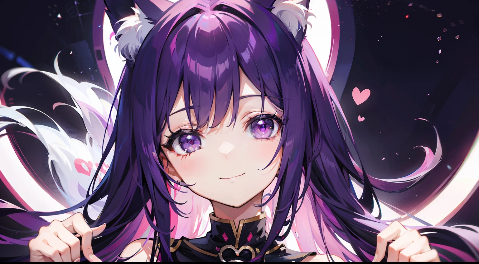loneliness girl, long purple hair,Looking at the camera and smiling,Very cute,Fox ears,Bangs,Smile