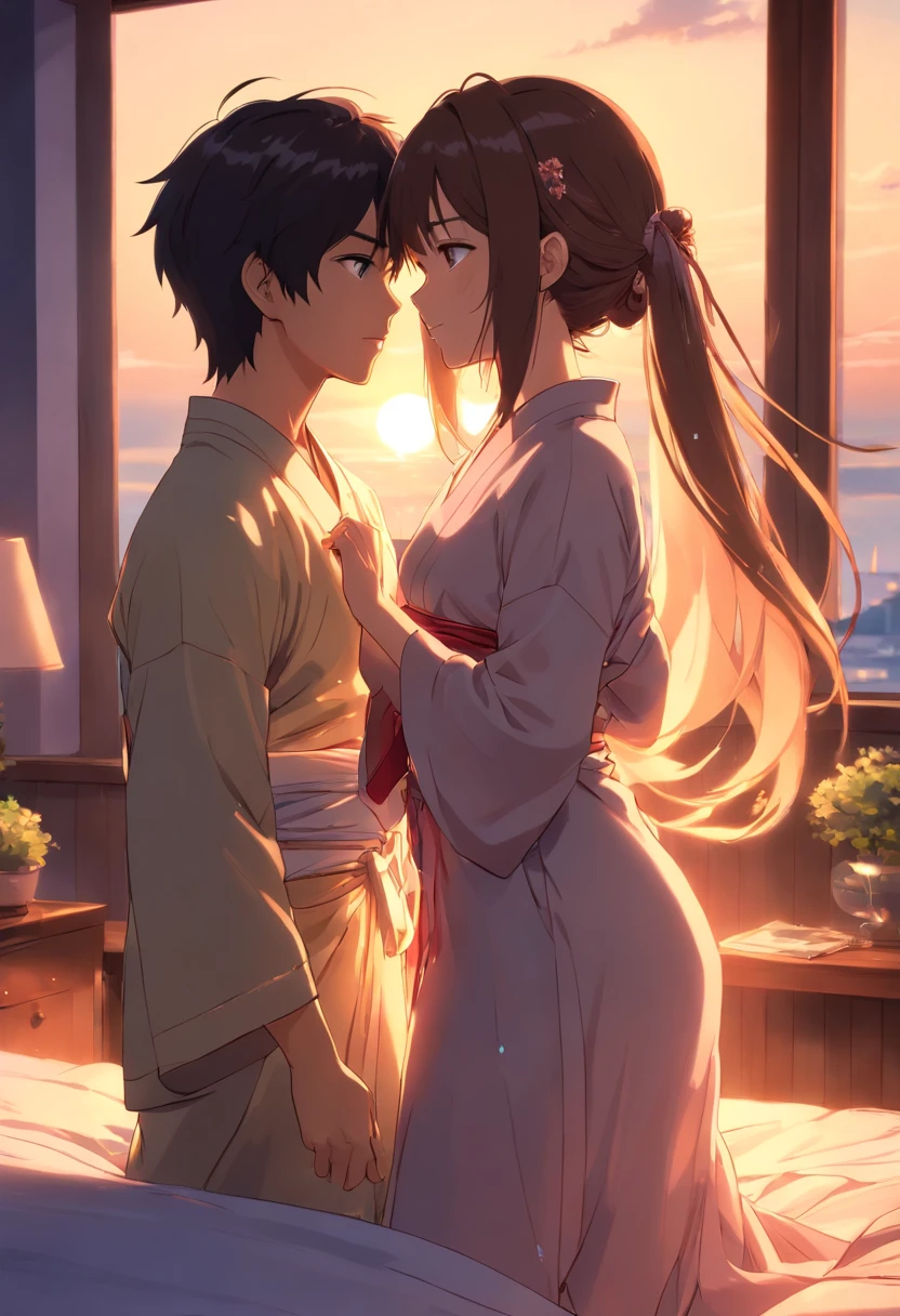 obra-prima, melhor qualidade, filme ainda, 1mulher,cabelos longos brancos, vestido transparente, renda longo, e 1homem com kimono, long hair black, ,pele branca, amor, beijando-se, quarto vermelho, na cama, Close-up, brilhante, sensual, romantico, Soft lighting and Warm, sun sunset, (Sparks: 0,7) , ((beijo))