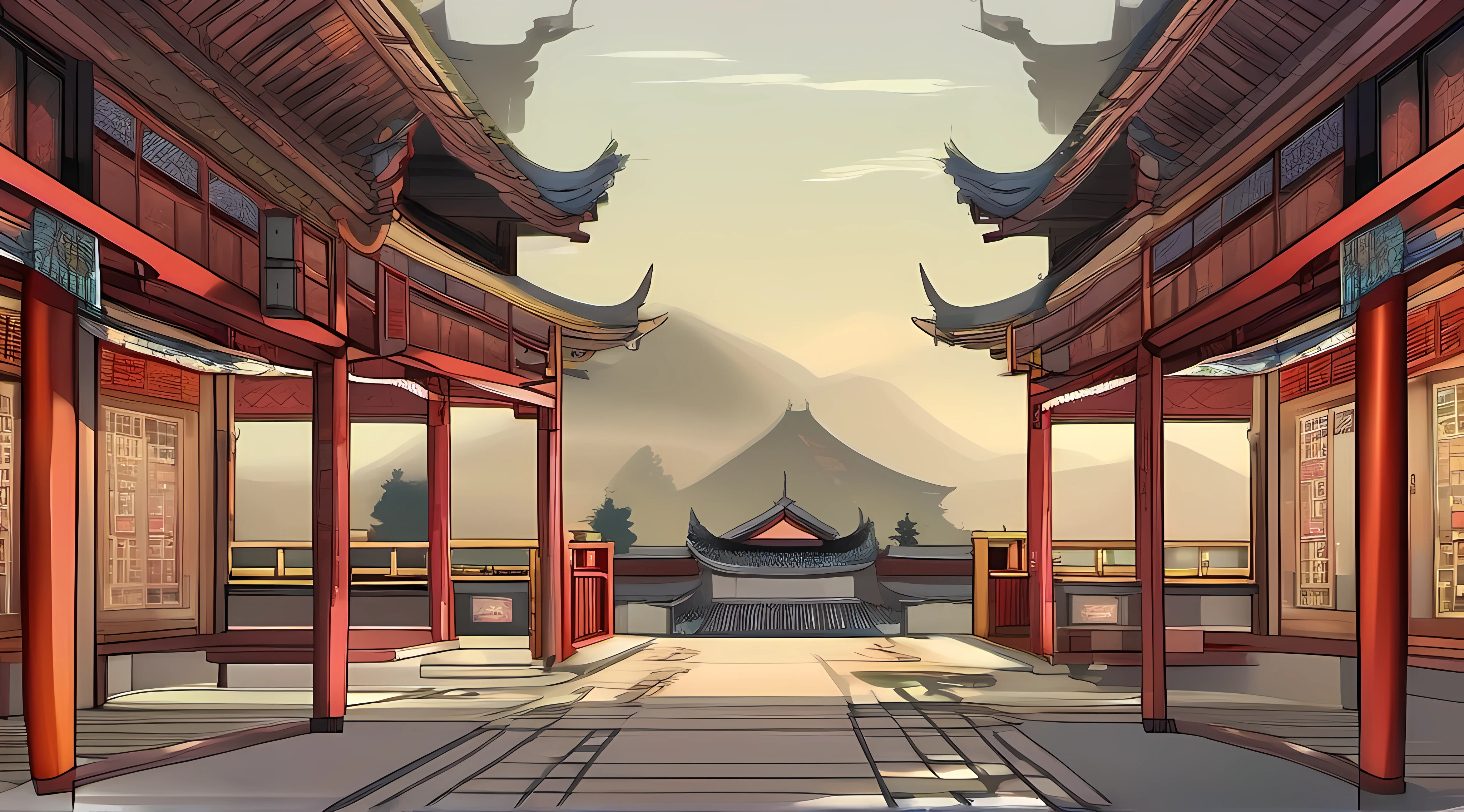 Minimalist Song dynasty mural by Alessandro Gottardo,Dream of Red Mansions, Heian period, Zen, dark orange and light beige style, enigmatic figures, elegant cityscape, historical painting, super fine detail, monumental mural --auto --s2
