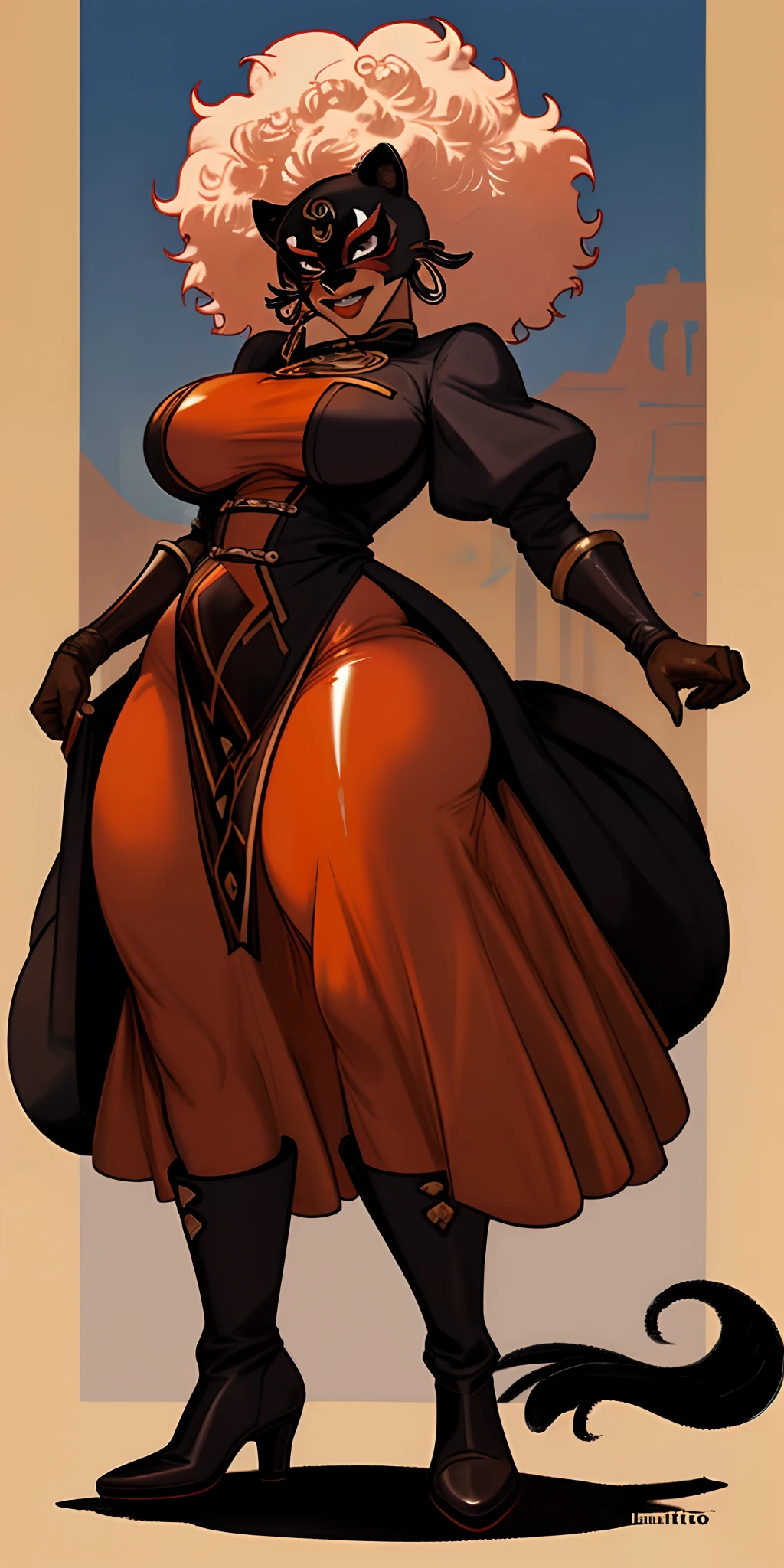 mulher afro, bunda grande, peito grande, usando vestido latex, wearing panther mask, bota longa vernelha, bad guy, chicote, quarto, luz vermelha escura,