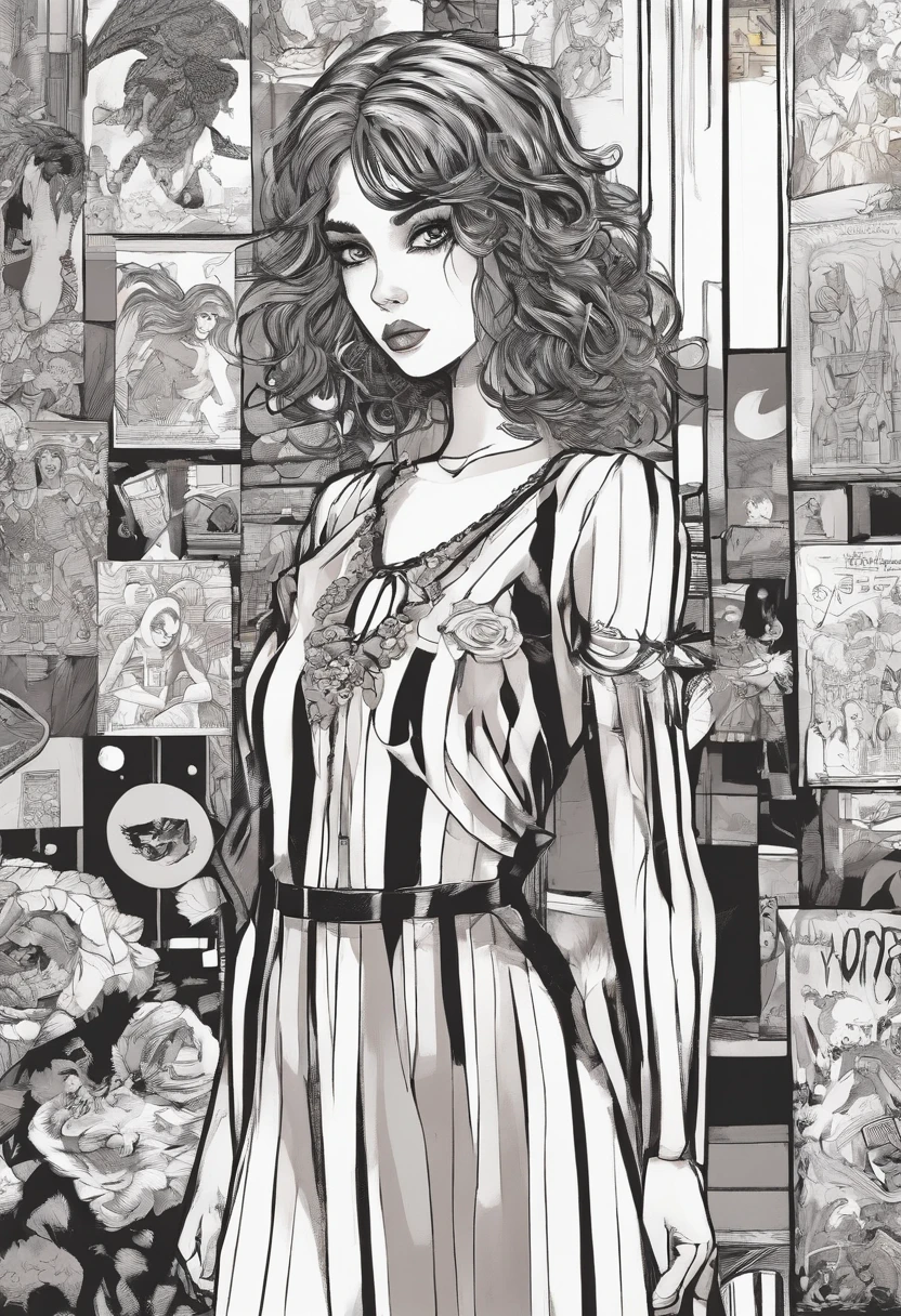 Girl Gothic Striped Clothing Hair Black Tim Burton Style Comics 2D Grafit