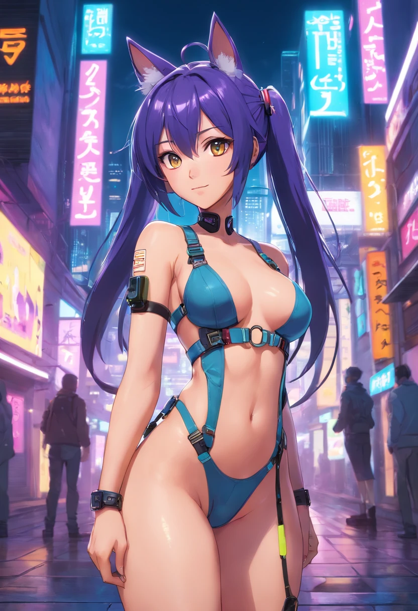 RAW-Foto, best quality, Meisterwerk:1.2), (realistisch, fotorealistisch:1.4),(Meisterwerk:1.4),(best quality:1.4), ((sexy niedliche japanische cyberpunk catgirl)), ((slender body)), big breasts, :d, (Pony), flush, ((Colorful body harness)), ((Dynamische Pose)), (Cowboy erschossen), (((Cyberpunk City Streets Background))), Aufnahme von Haaren, ((Formloses langes Haar)), leuchtende Neon-Akzente, Blick auf den Betrachter, sidelocks, smil, (((thigh gap))), Schenkel, twintails, sehr langes Haar, mehrfarbiges Haar, Alice \(nicken\),(shinny skin),realistisch. completely naked