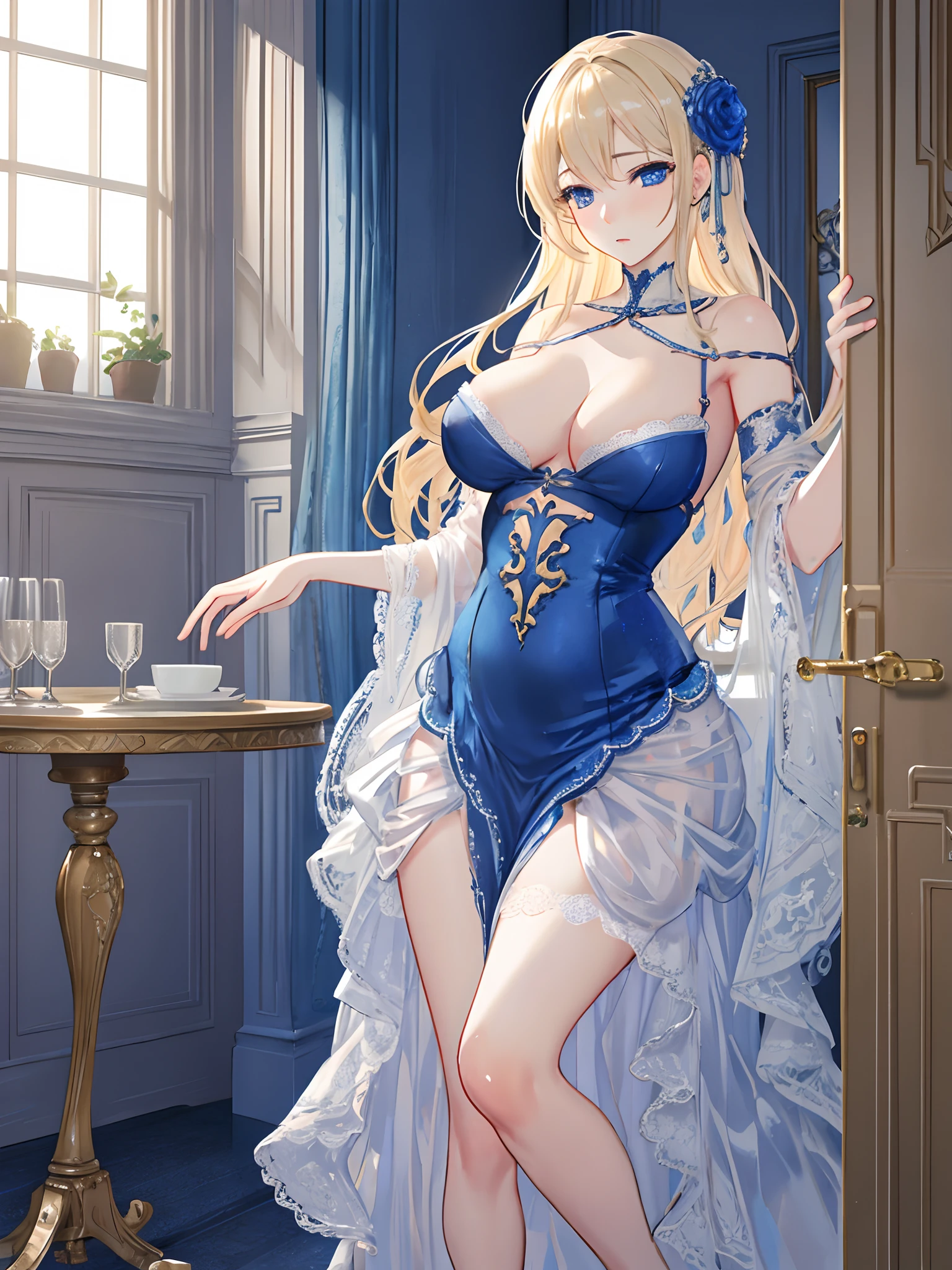 detailed environment, interior of a room (Woman 1) blonde hair, blue eyes, sensual, hyper realistic detail ((langerie)) (blue) flushed, nervous face (sample breasts) no panties