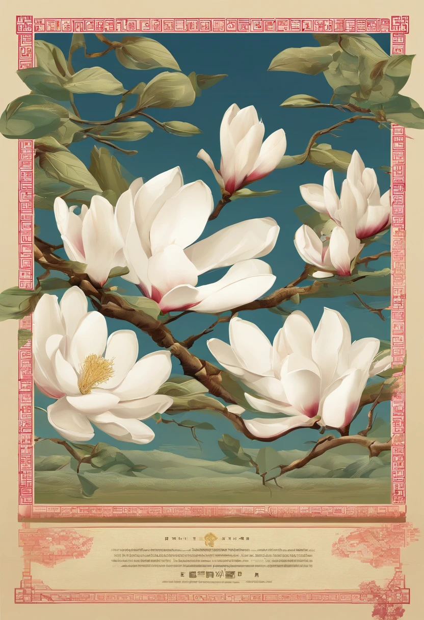 equinoccio,Traditional Chinese solar terms,(((Flores de magnolia))),Estilo nacional,Viento de tinta,solid color background,tiene escote(((golondrinas)))Vuela en el cielo,Vista horizontal,No te dejes caracterizar,No te dejes caracterizar,No compilar