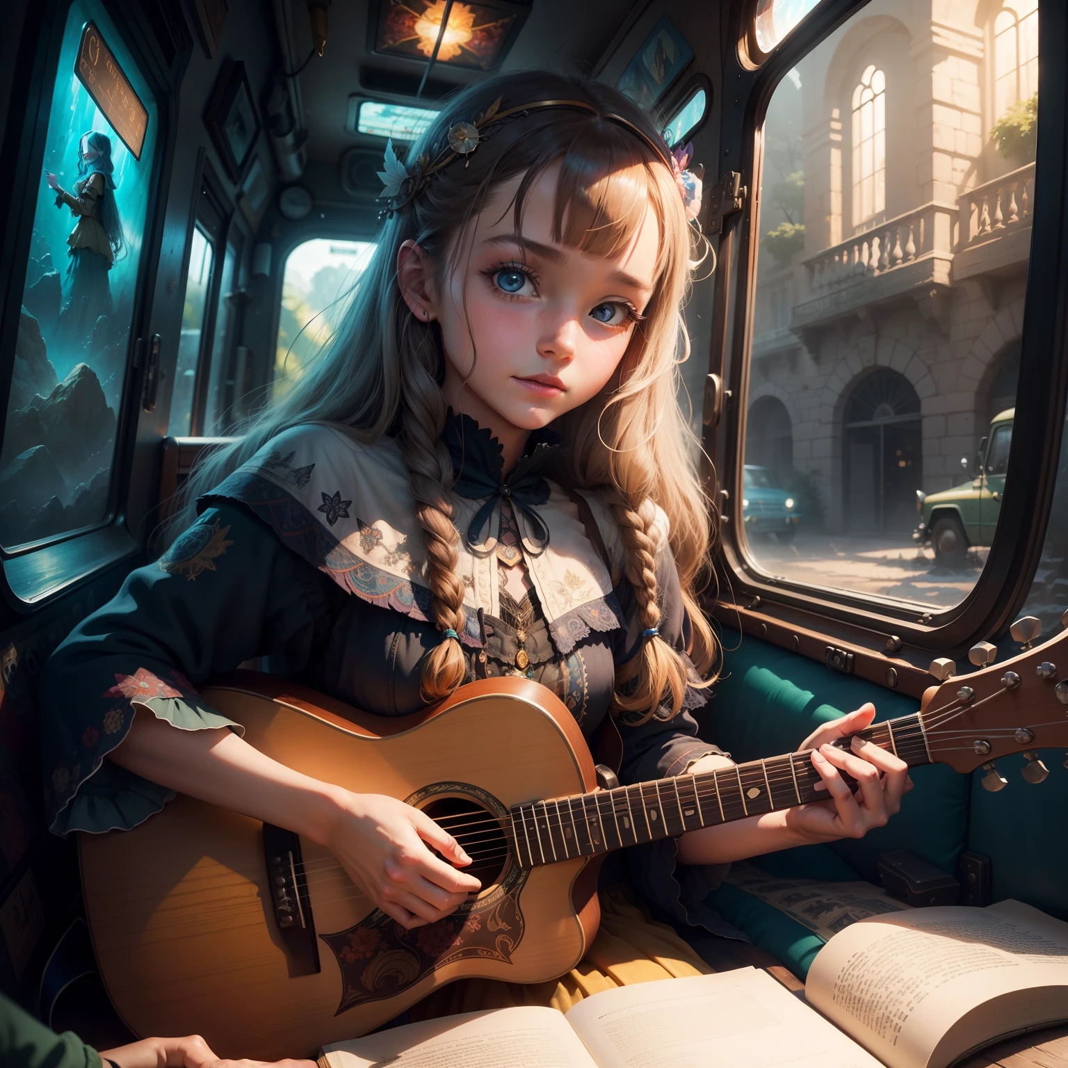 two parts in one art , double exposure, ,   best quality,  dark tales, hippie, boho style, 1960th fashioned, Happy girl playing guitar travelling to nowhere , hippie bus, Craola , Dan Mumford, Andy Kehoe, 2d, flat, cute, adorable, vintage, art on a cracked paper, fairytale, patchwork, stained glass, storybook detailed illustration, cinematic, ultra highly detailed, tiny details, beautiful details, mystical, luminism, vibrant colors, complex background, Mysterious