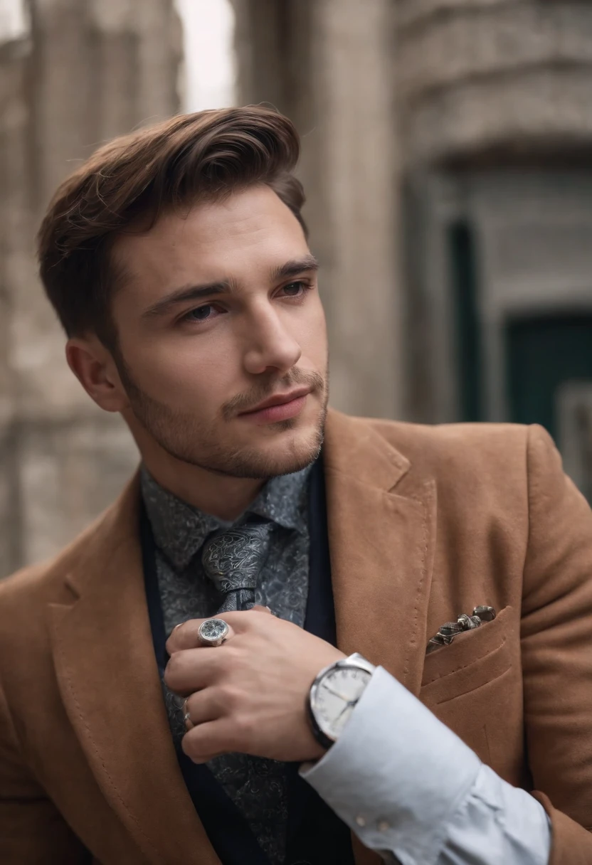 Um homem vestindo uma jaqueta de couro marrom elegante, andrzej sykut, Ultra High Definition Image, punk watch, Studio Photography, precision (mid closeup), rosto bonito, rosto claro,(medium shot)