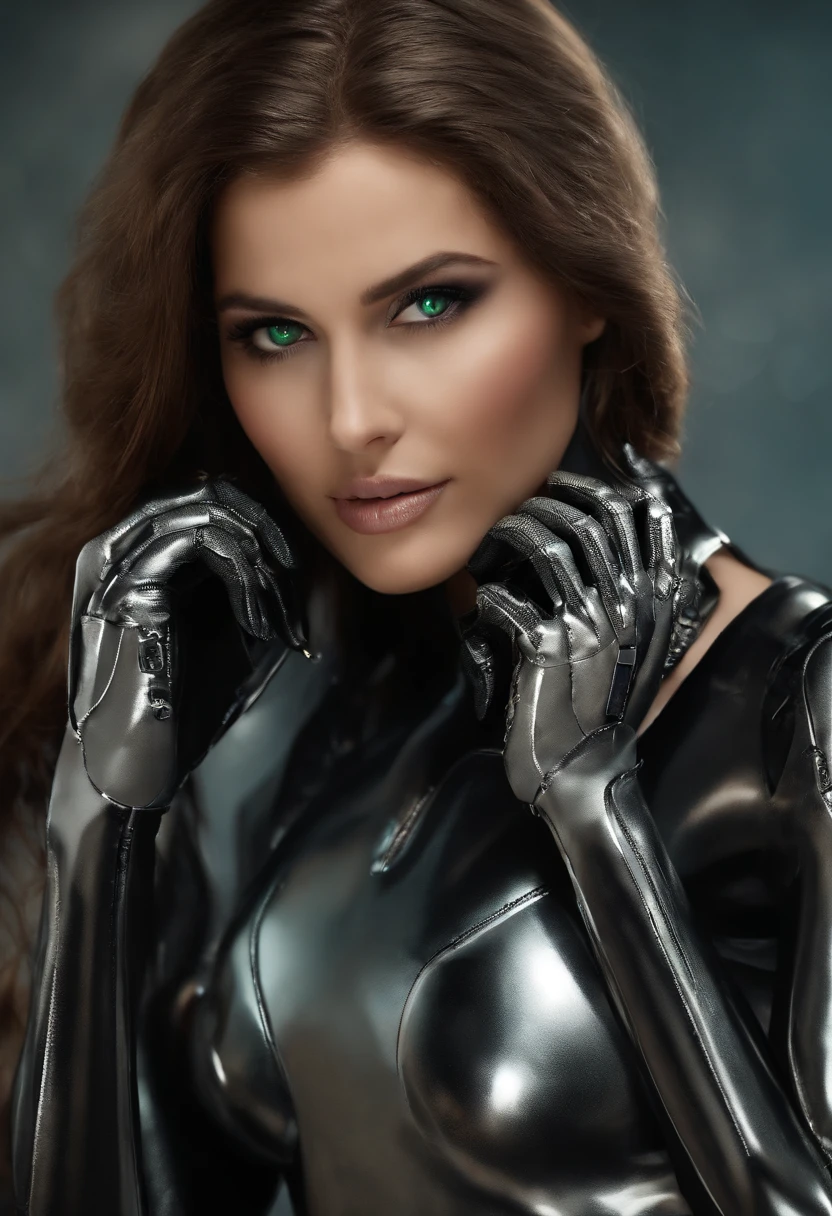 (RAW-Foto, highest quality, Meisterwerk: 1.2), (realistisch, fotorealistisch: 1.4), (Meisterwerk: 1.4), (highest quality: 1.4), (super detailliert), ((Hoher Kontrast)), (high saturation), (nice detailed eyes), ((very delicate and beautiful)), (beautiful hands, perfect hands), ((Five precise fingers, feminine beautiful fingers)), (Hintergrund ist eine mechanische Cyberstadt ohne Menschen), A girlis, nur, dunkelbraune Haare, Lange Haare, Seitliche Verriegelung, asymmetrischer Pony, Nice, detailliertes Glashaar, Bodysuit, schwarze Handschuhe, Brust, Cowboy erschossen, im Freien, Aufnahme der Haare, Impossible body, impossible clothes, long sleeves, Zuschauer ansehen, Bikini aus schwarzem Leder, Cyber-Anzug, green eyes, (very shiny clothes), Straffe Haut, big clevage, Abs, thigh gap, Oberschenkel, (small buttocks), Oiled, shinny skin, (shinny skin), realistisch, Weibliche sexy Pose, kybernetisch_Kieferlos, Mechanische Teile, kybernetisch, urbansamurai_v0.3, AB_Roboter, Roboter, Mechaware, tattoo