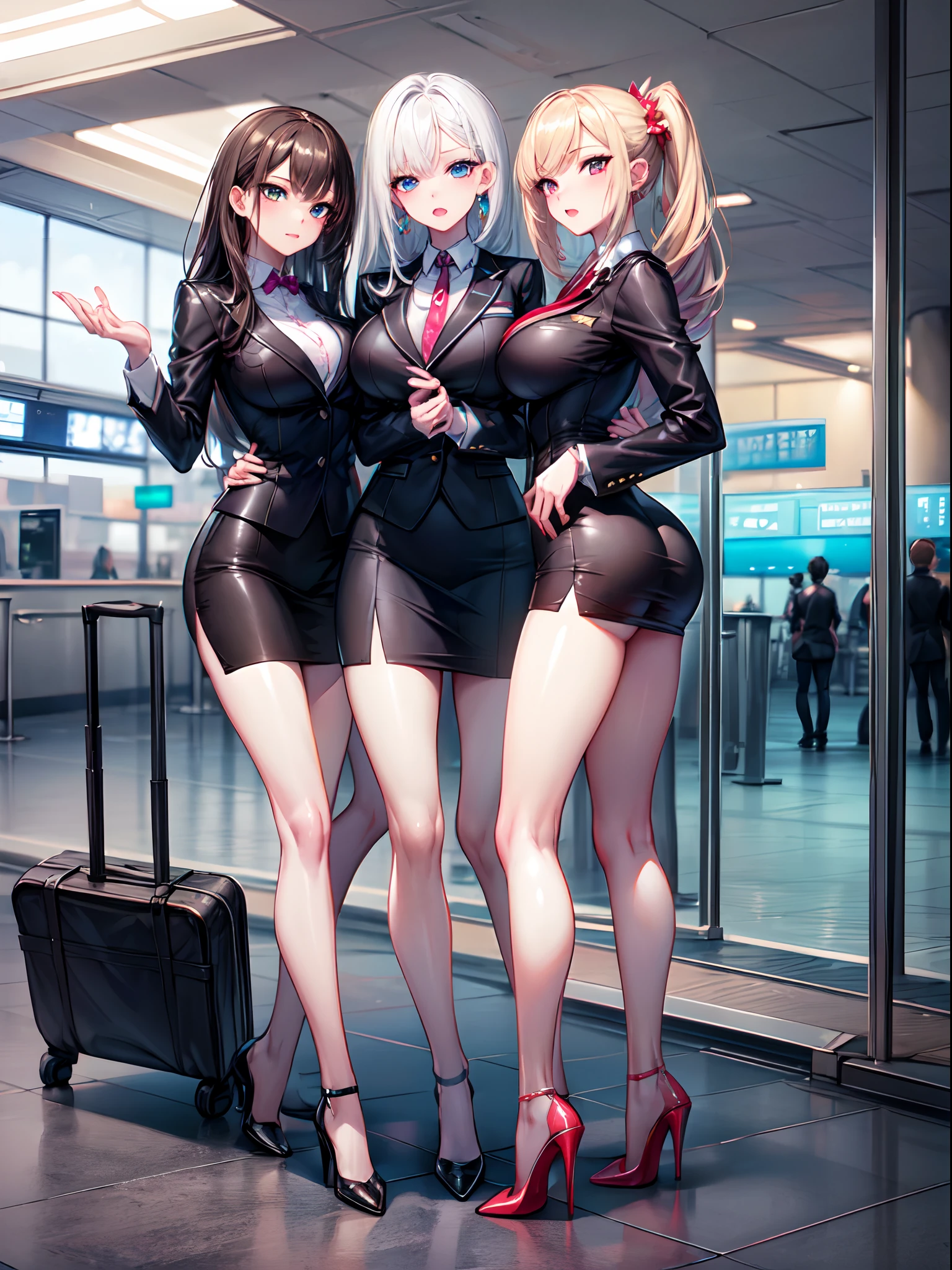 masterpiece, best quality, official art, extremely detailed, 3girls, flight attendant, high heels, airport