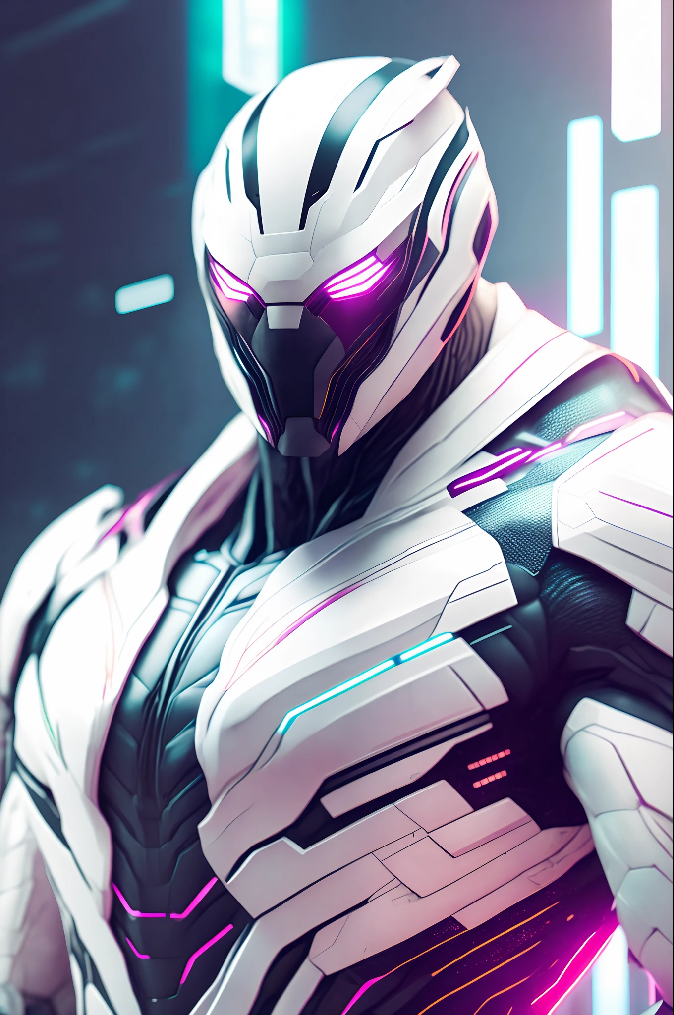 Androide inspirado no Juggernault da Marvel, utilizando uniforme branco, Cyberpunk, 8k