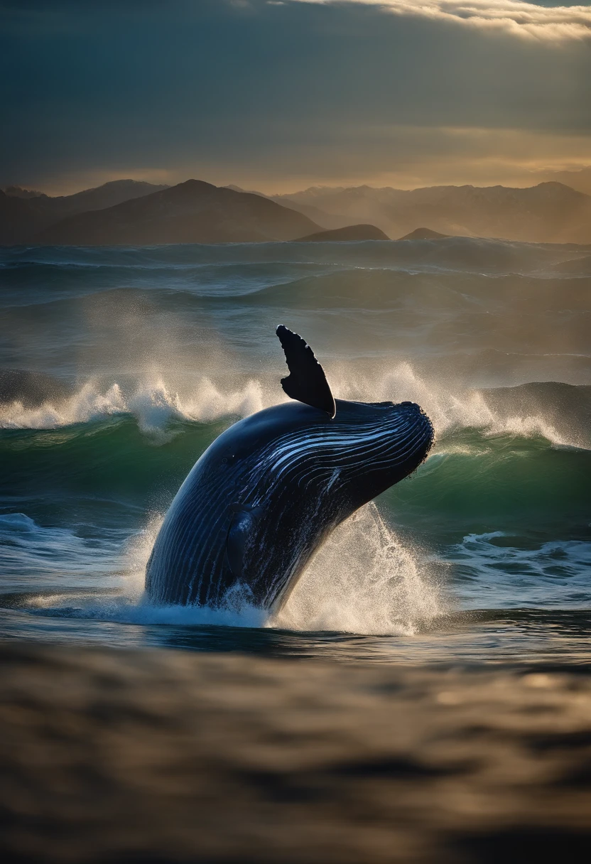 underwater photography，whales，Clear blue sea，sunraise，tmasterpiece，Very many details，lightand shade contrast，hyper HD，tmasterpiece，winning artwork，Best quality at best，A high resolution，16k，Photographic realism