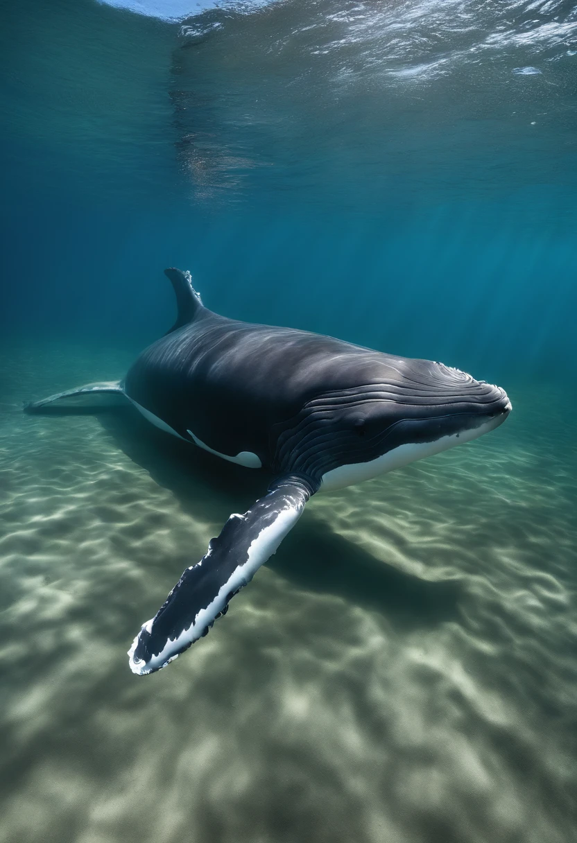 underwater photography,whales,Clear blue sea,sunraise,tmasterpiece,Very many details,lightand shade contrast,hyper HD,tmasterpiece,winning artwork,Best quality at best,A high resolution,16k,Photographic realism