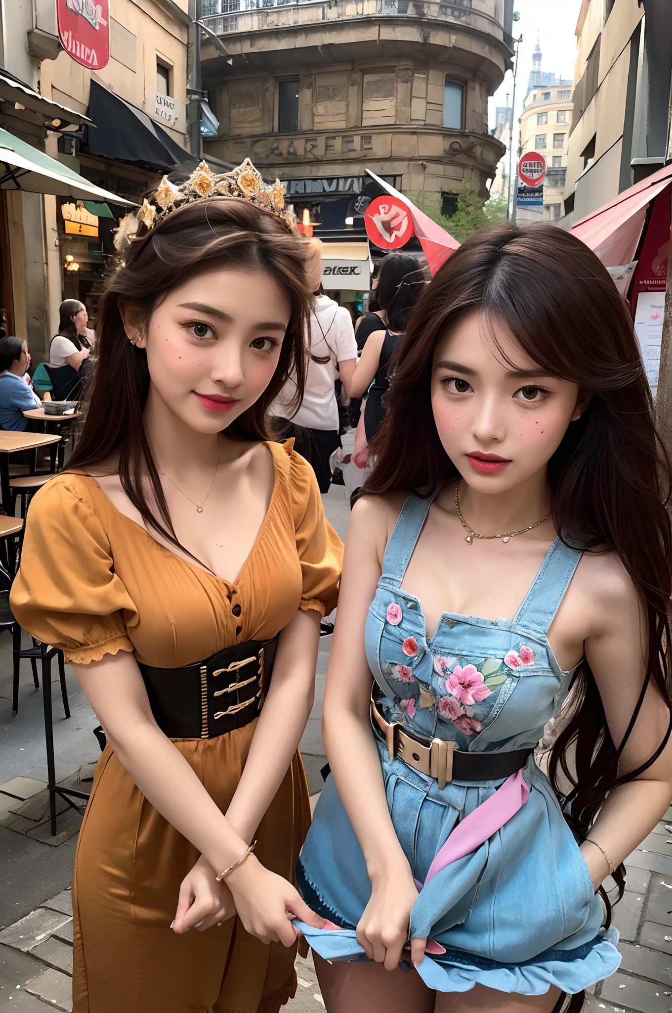 primitive,, (((Two girls,duo,caressing the))),Nikon Z 85mm, award-winning glamorous photography,((Best quality)), ((Masterpiece)), ((Realistic)), 18th century, Vintage image, Beautiful French woman wears, Lace dress, Wearing a crown, 25 years, (Long brown hair), Brown eyes, (Large breasts), Sitting outside a café in Paris, Eiffel tower in the background, small, ((Small breasts)), Innocent, Flower pedal in the air, ((freckle)), Intricate details, Highly detailed, Sharp focus, professional, 4K, spring flowers blooming, divine rays, Hand model, stunning blue eyes, small, Delicate, Innocent, high resolution, Detailed facial features, High detail, Sharp focus, smooth, Aesthetic, Extremely detailed, photore_\(Supergianthugebreasts\), Photorealistic, Realistic, Post-processing, Maximum detail, Roughness, Real life, Ultra photo realsisim, Photorealism, Photography, 8K UHD, Photography, light SEMI-SILHOUETTE, russian face