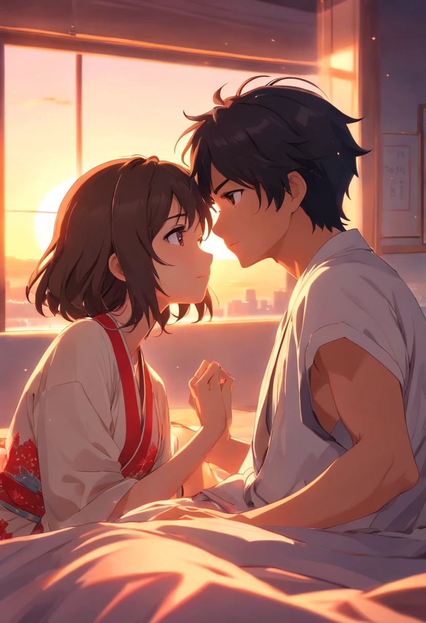 obra-prima, melhor qualidade, filme ainda, 1mulher,cabelos longos brancos, vestido transparente, renda longo, e 1homem com kimono, long hair black,  ,pele branca, amor, homem por cima da mulher na cama, quarto vermelho, na cama, Close-up, brilhante, sensual, romantico, Soft lighting and Warm, sun sunset, (Sparks: 0,7) , ((beijo))
