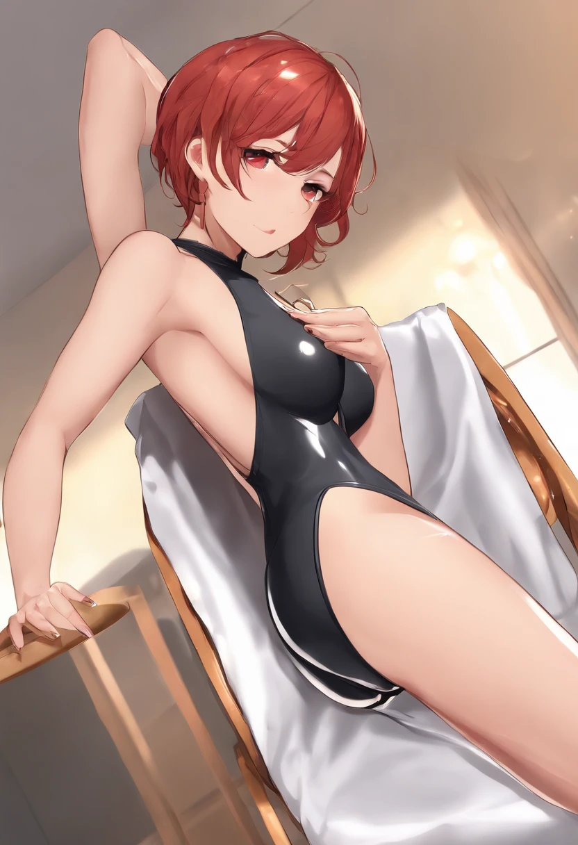 Nsfw,(((futa,Take off your swimsuit,cum))),1girl,pussy focus,solo,short hair,side ponytail,red hair,hair ornament, red eyes,((full body)), swimsuit, one-piece swimsuit,school swimsuit,sky, black one-piece swimsuit, wet, blush,futanari,erection,shiny skin, shiny body,(erection:1.3),absurdres,cleavage,blush,