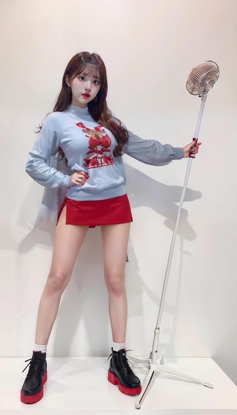 Young woman in red tight skirt、long red-brown hair、Microphone with stand、large full breasts、Skirt with slit