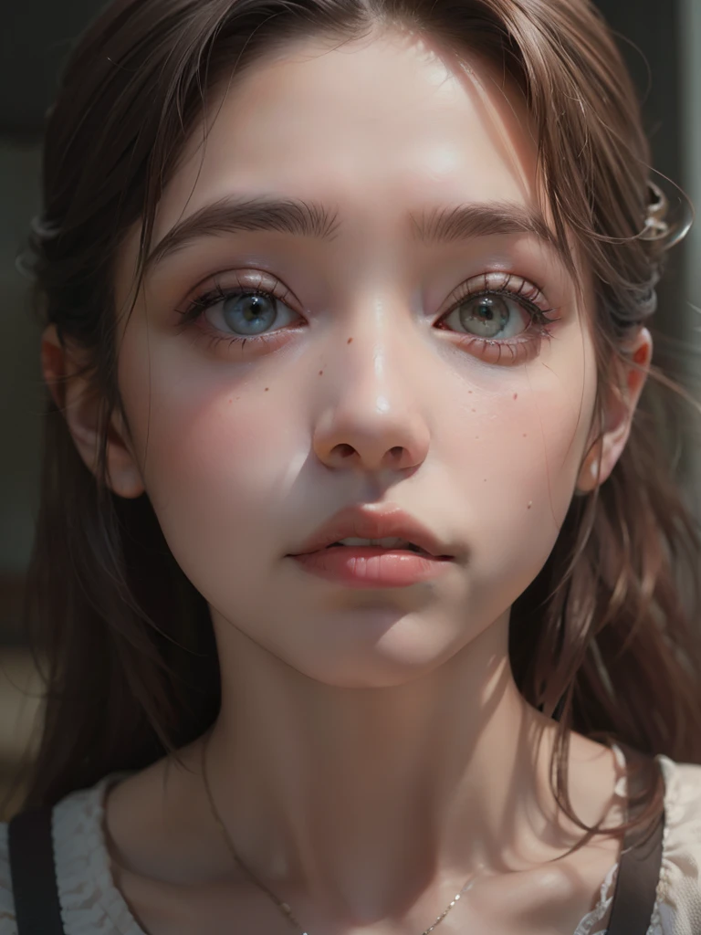 8k、Foto RAW、(masuter piece)1.5、(qualidade superior)1.5、oi-nada、olhos abertos, Olhando para cima,(menina com)、(realisitic、Fotorrealista:1.5), (fechar os olhos):1.0, (boca aberta):1.5 Real numbers、parte superior do corpo、brown hair,Mangas、magro、14anos((Seios pequenos))1.8、Olhos fechados、Tristeza profunda、tristeza、look up to the sky、Rastejamento、Quartos、desfoque de fundo